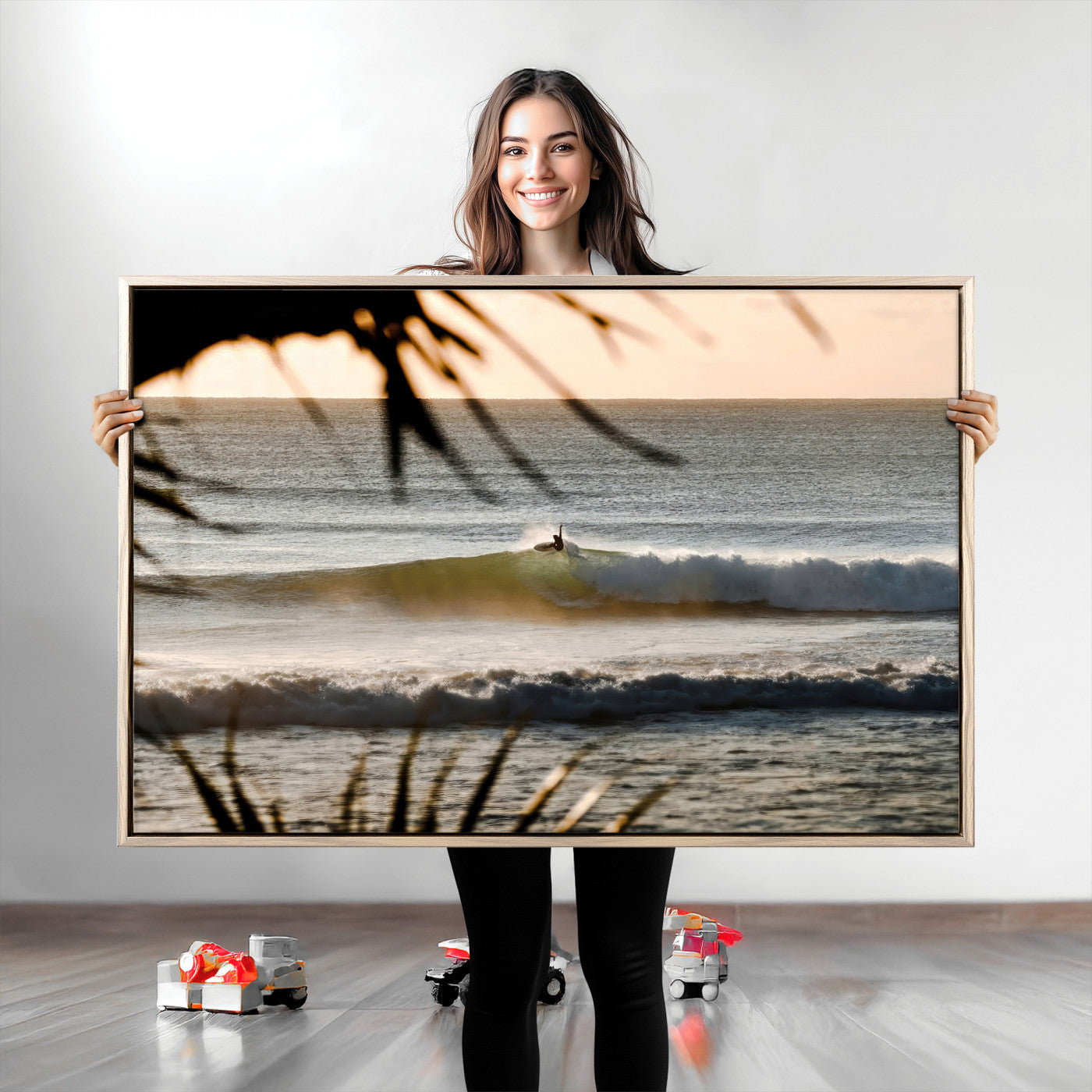-Sunset Surf Wall Art Canvas Print, Framed Golden Hour Art Picture Print, Waves Perfect Boho Decor,