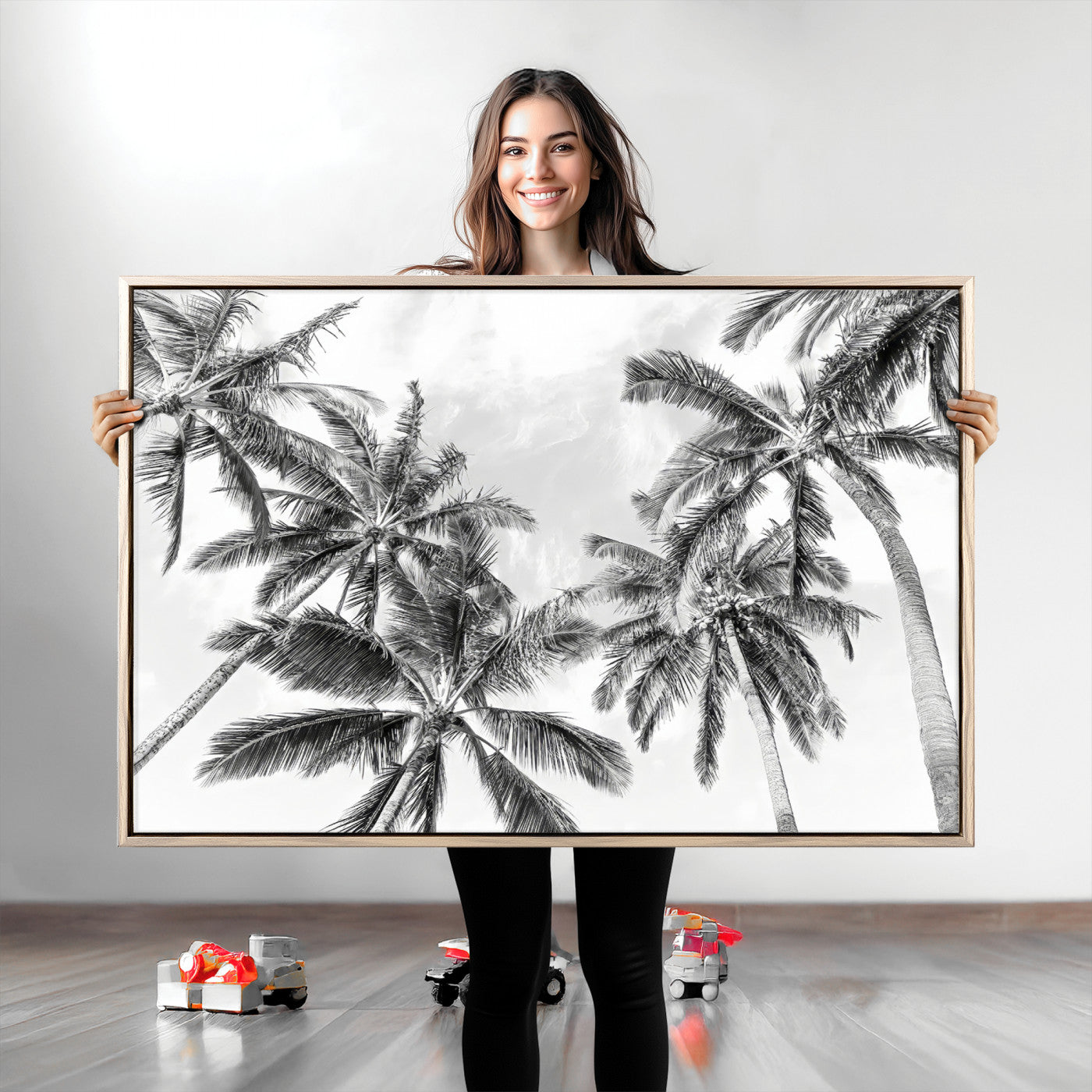 62113786-MGV-CV-36X24-Black and White Palm Wall Art Canvas Print – Framed Monochrome Tropical Beach Scene Artwork for Modern Home, Office Decor