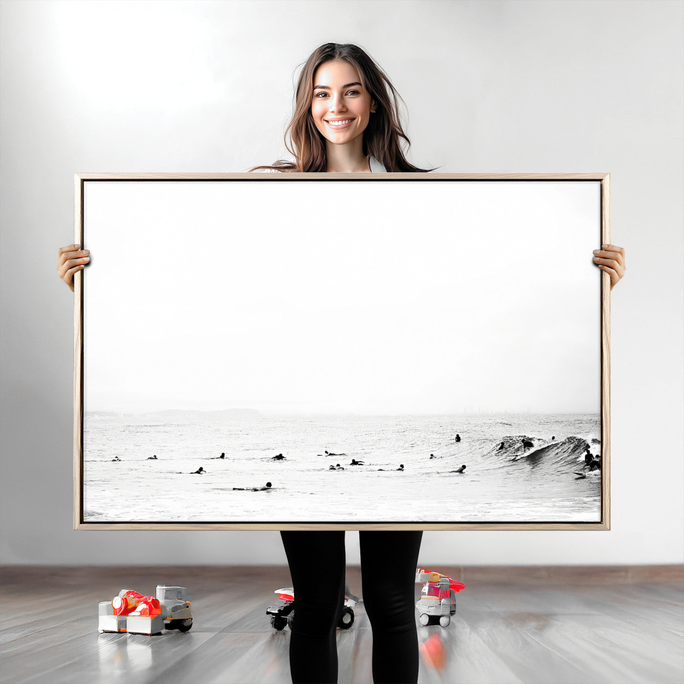 38441169-MGV-CV-36X24-Monochrome Swimming Wall Art Canvas Print – Framed Ocean Horizon Art Picture Moody Coastal Artwork for Home Office