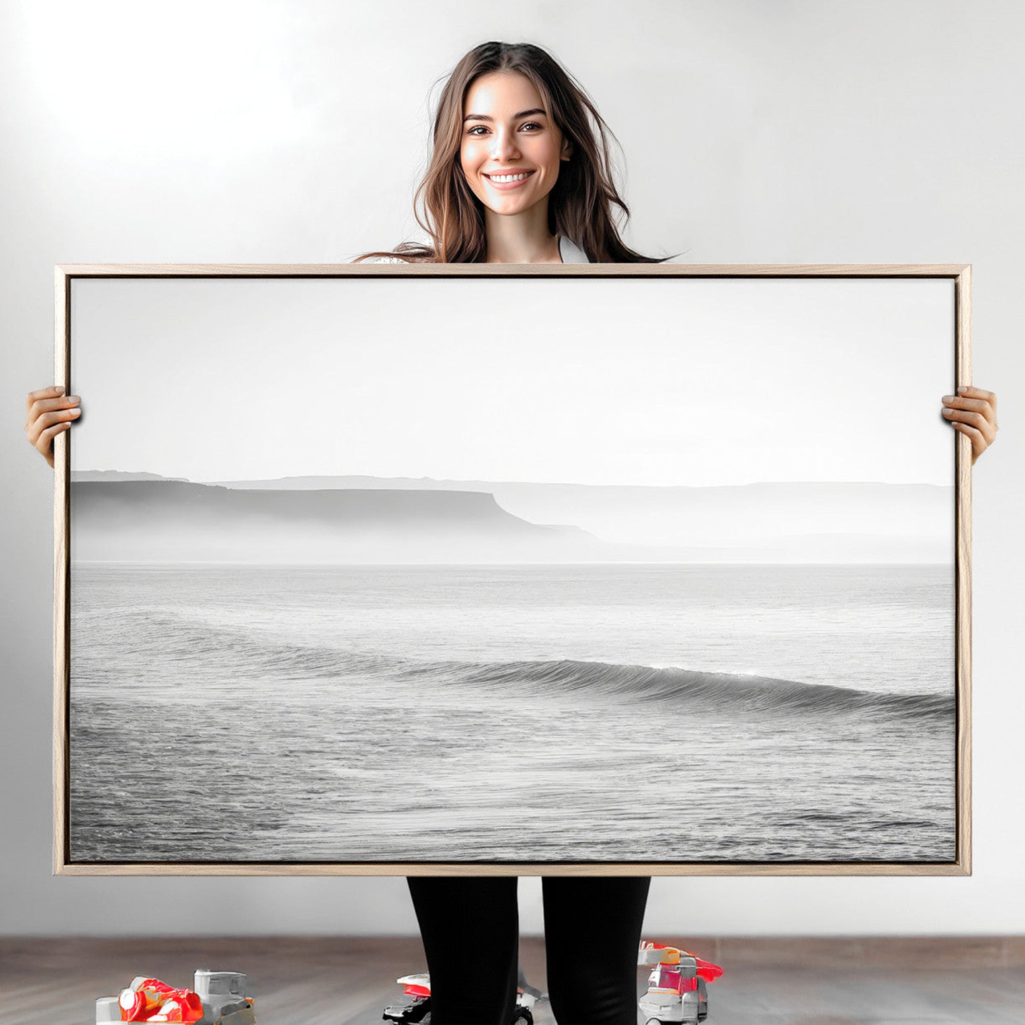 60635783-MGV-CV-36X24-Black White Seascape Wall Art Canvas Print – Framed Ocean Waves Art Picture Misty Coastal Artwork for Home Office
