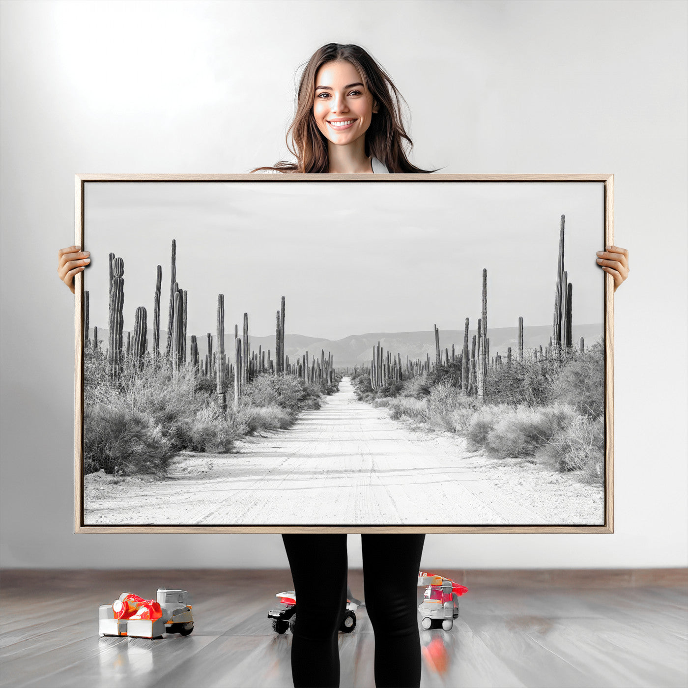35537313-MGV-CV-36X24-Monochrome Desert Wall Art Canvas Print – Framed Cactus Path Art Picture Southwestern Artwork for Home, Office
