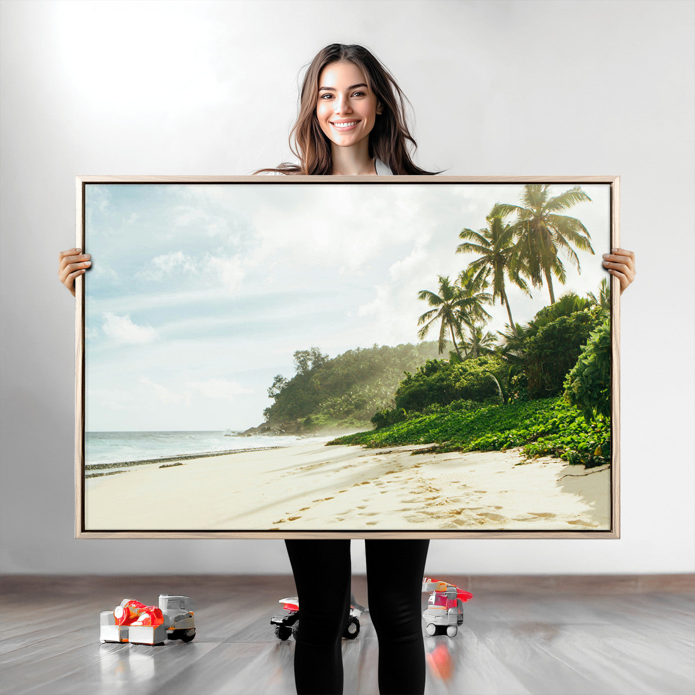A tropical beach with palm trees, soft sand, and ocean waves under a bright sky, creating a peaceful and relaxing coastal view.
