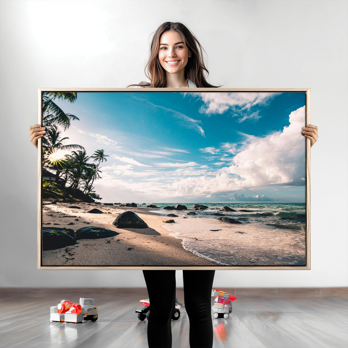 Scenic tropical beach with palm trees, ocean waves, and rocky shoreline under a bright blue sky, creating a serene coastal vibe.