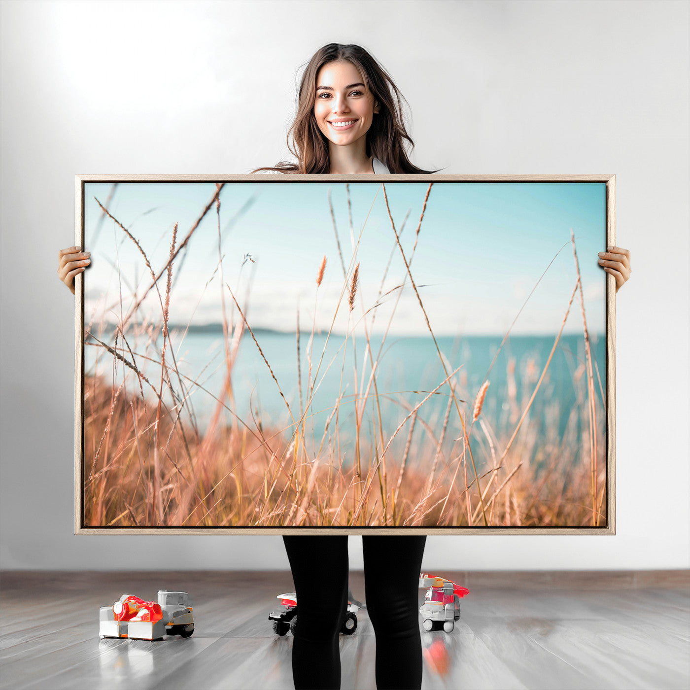 36108696-MGV-CV-36X24-Coastal Grass Landscape Wall Art Canvas Print – Golden Shoreline Nature Scene Serene Ocean View Artwork for Home Office