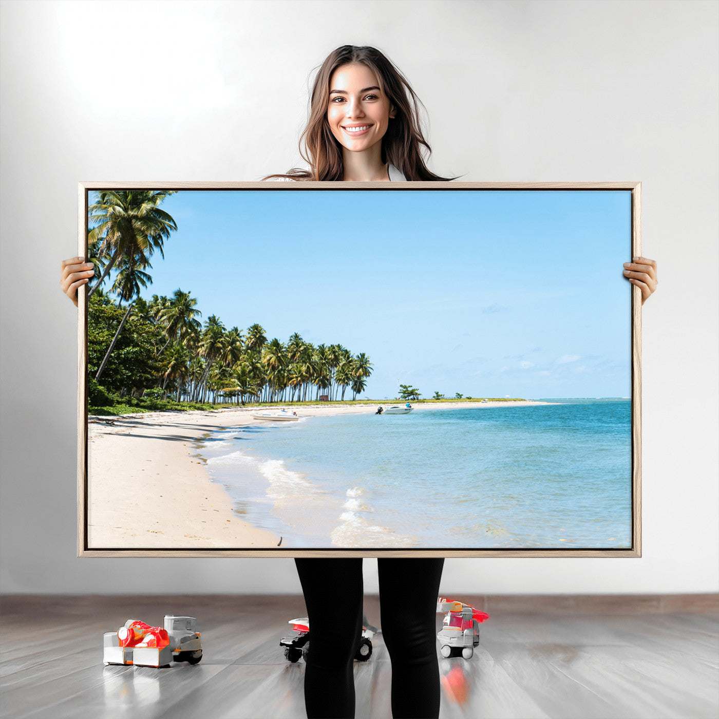 A serene tropical beach with clear blue water, soft sand, and lush palm trees under a bright sky, creating a peaceful island paradise atmosphere.