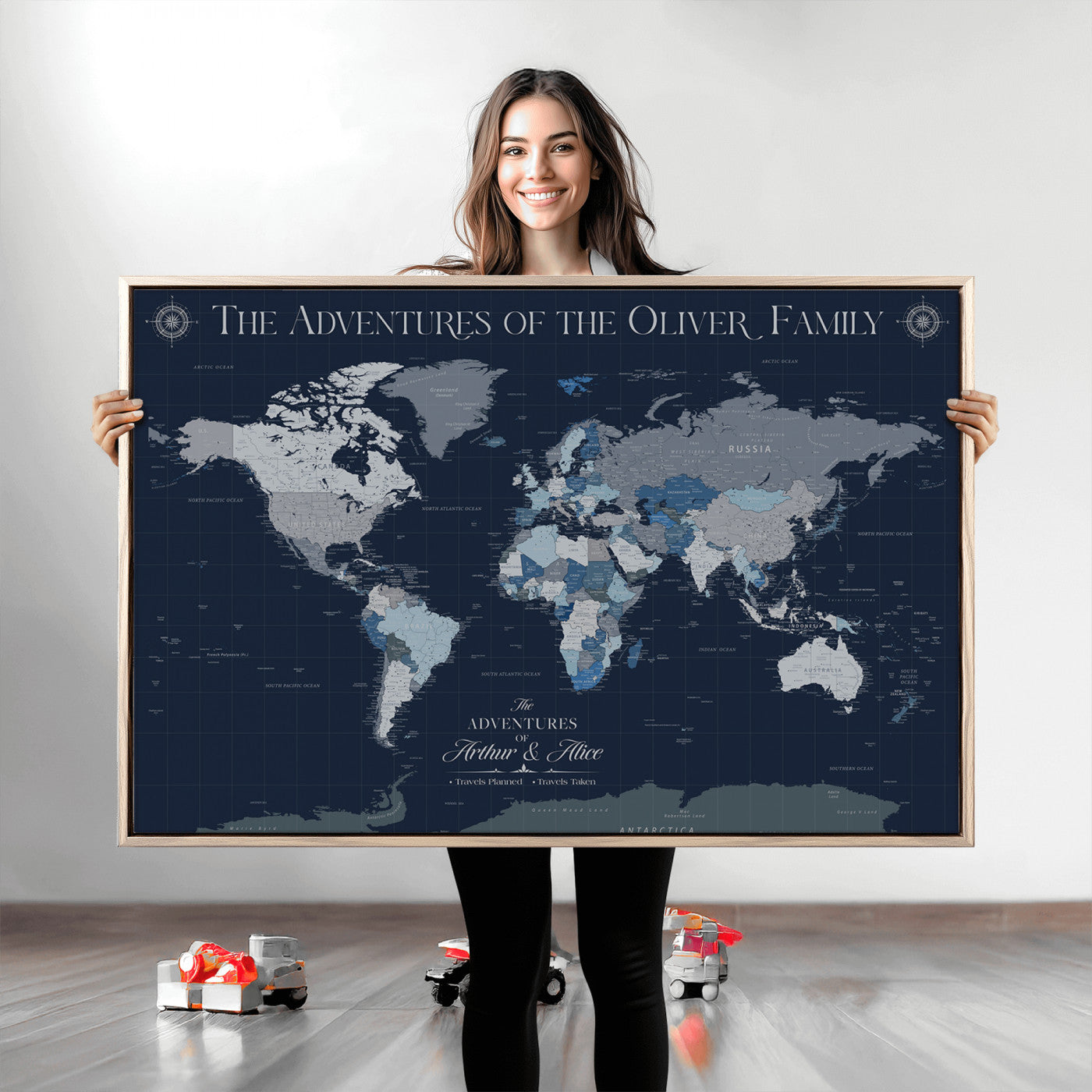 -Personalized Family Adventure World Map – Custom Framed Push Pin Travel Tracker Canvas, Elegant Wall Art for Home, Office
