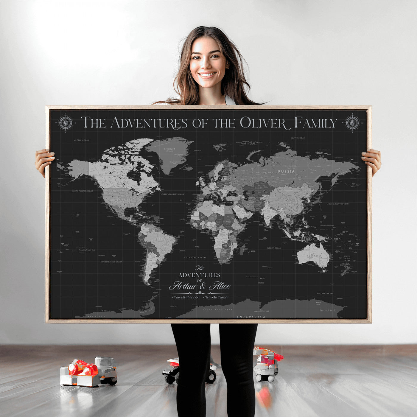 -Personalized Family World Map Canvas – Custom Framed Push Pin Travel Tracker, Modern Adventure Wall Art for Home, Office