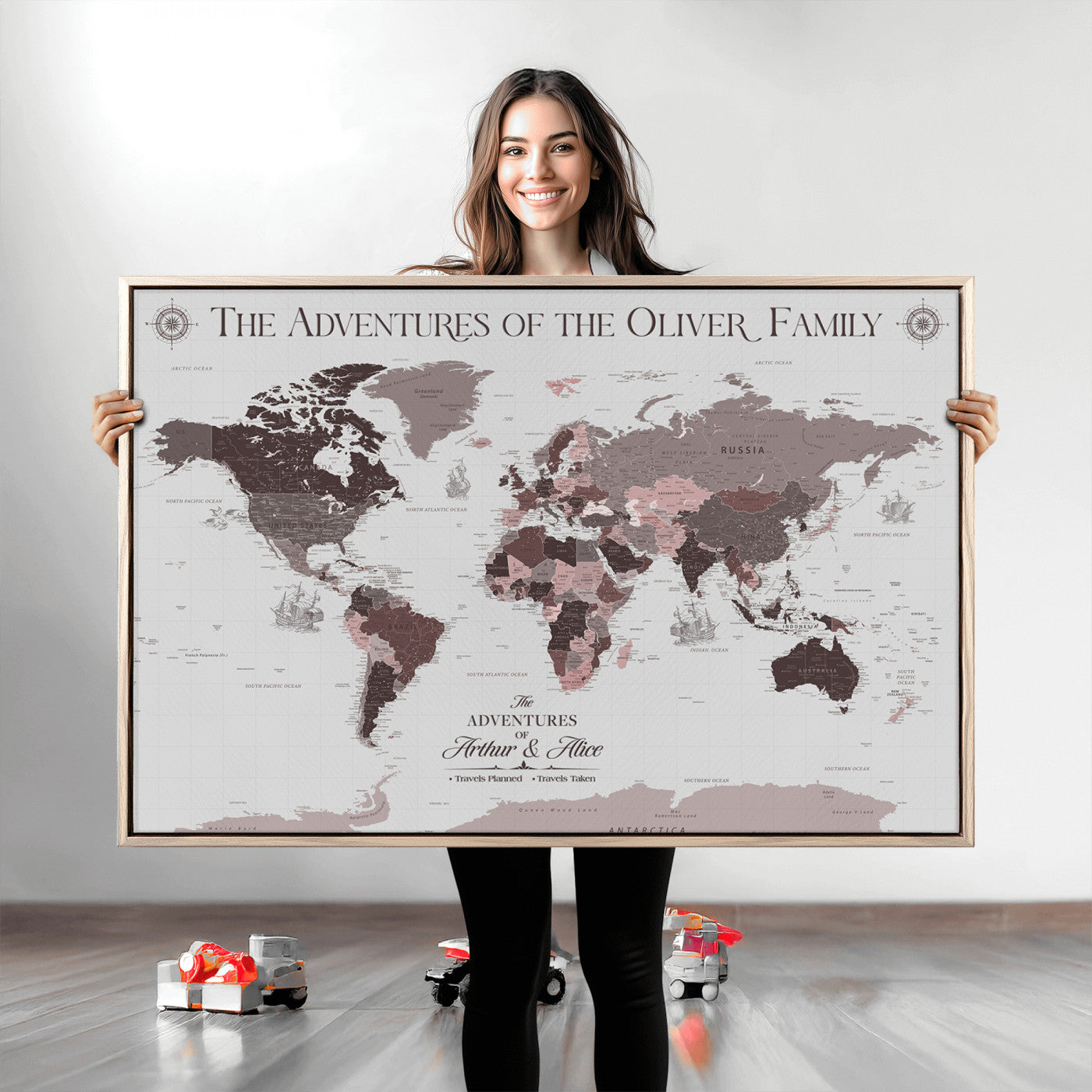 -Personalized Family Travel Map Canvas – Custom Framed Push Pin World Map, Unique Adventure Tracker Wall Art for Home, Office