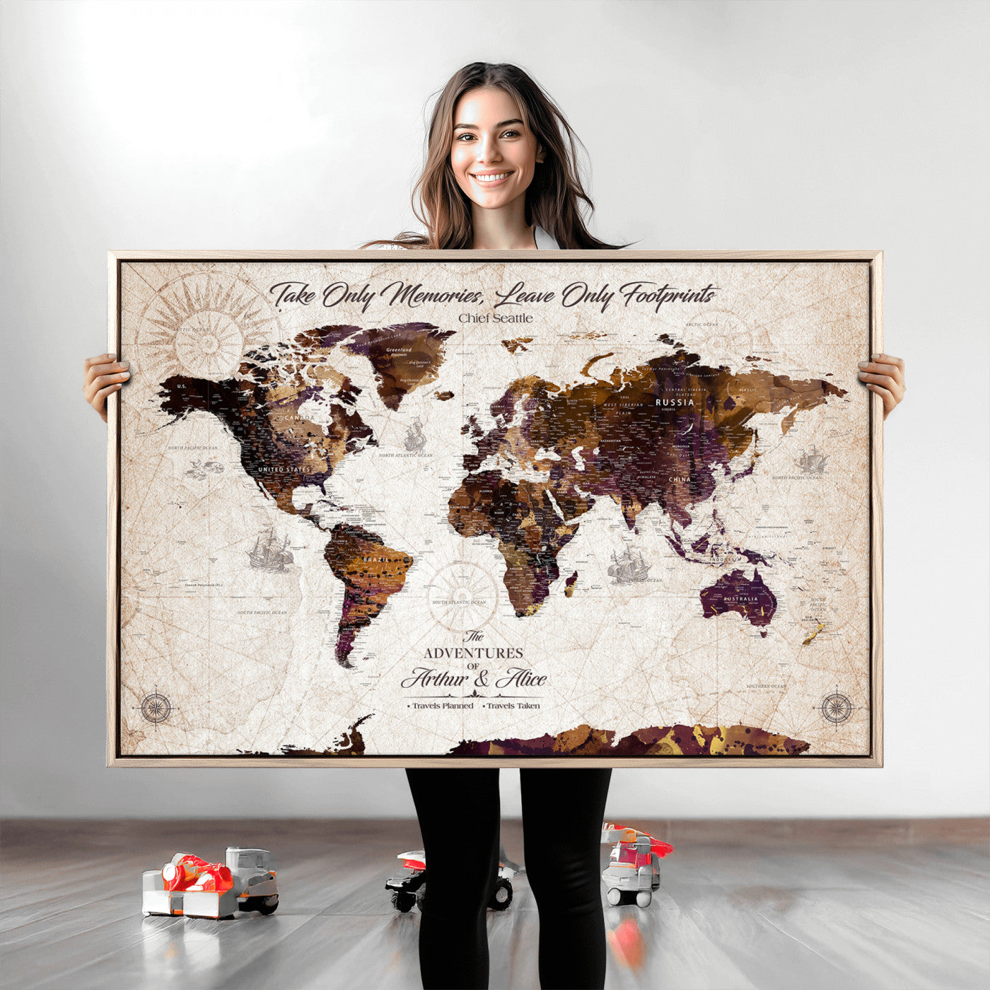 -Personalized World Map Canvas – Custom Framed Push Pin Travel Tracker, Elegant Wall Art Gift for Couples for Home, Office