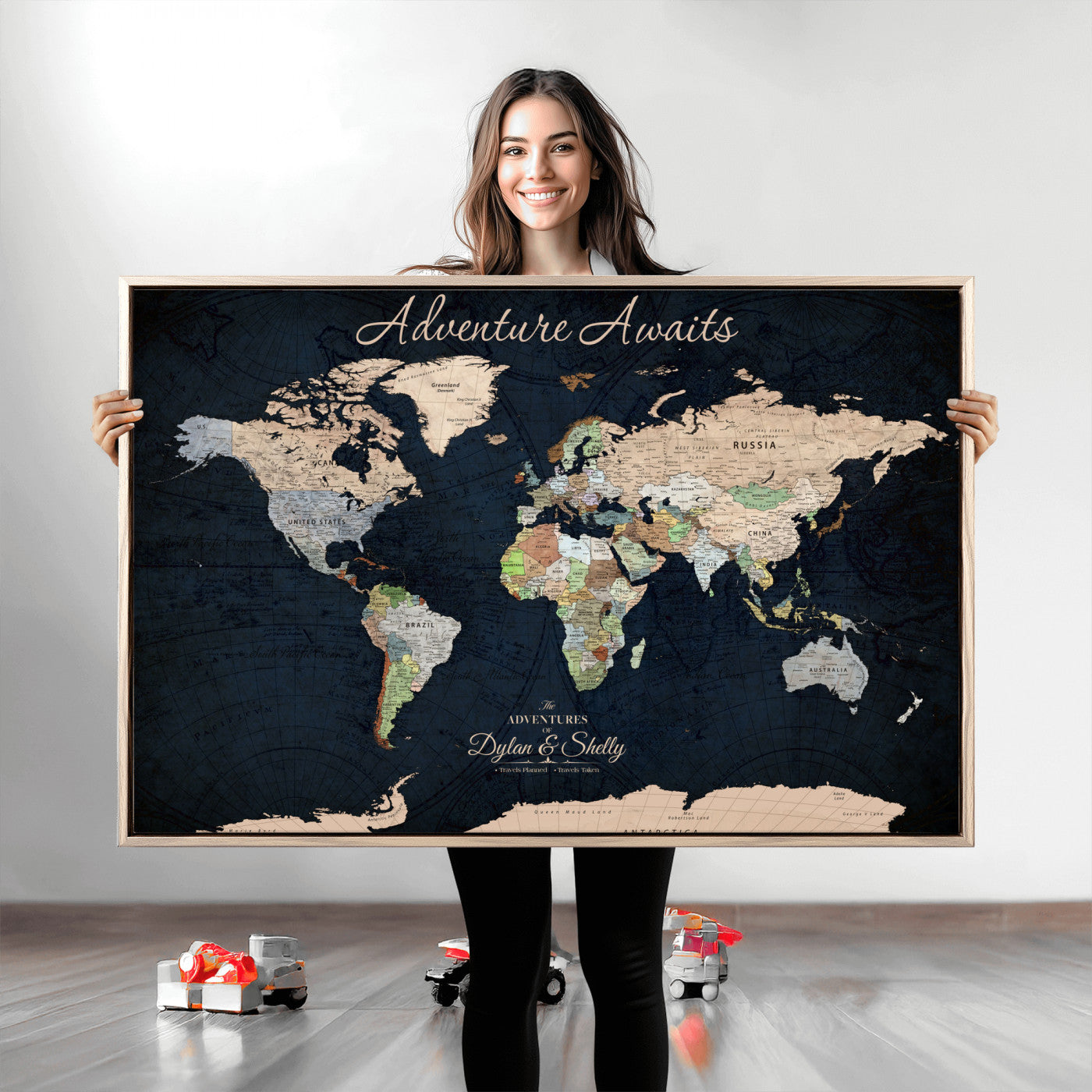 Rehber01-MGV-CV-36X24-Personalized World Map Canvas Print – Framed Push Pin Travel Wall Art for Couples – Adventure & Anniversary Gift