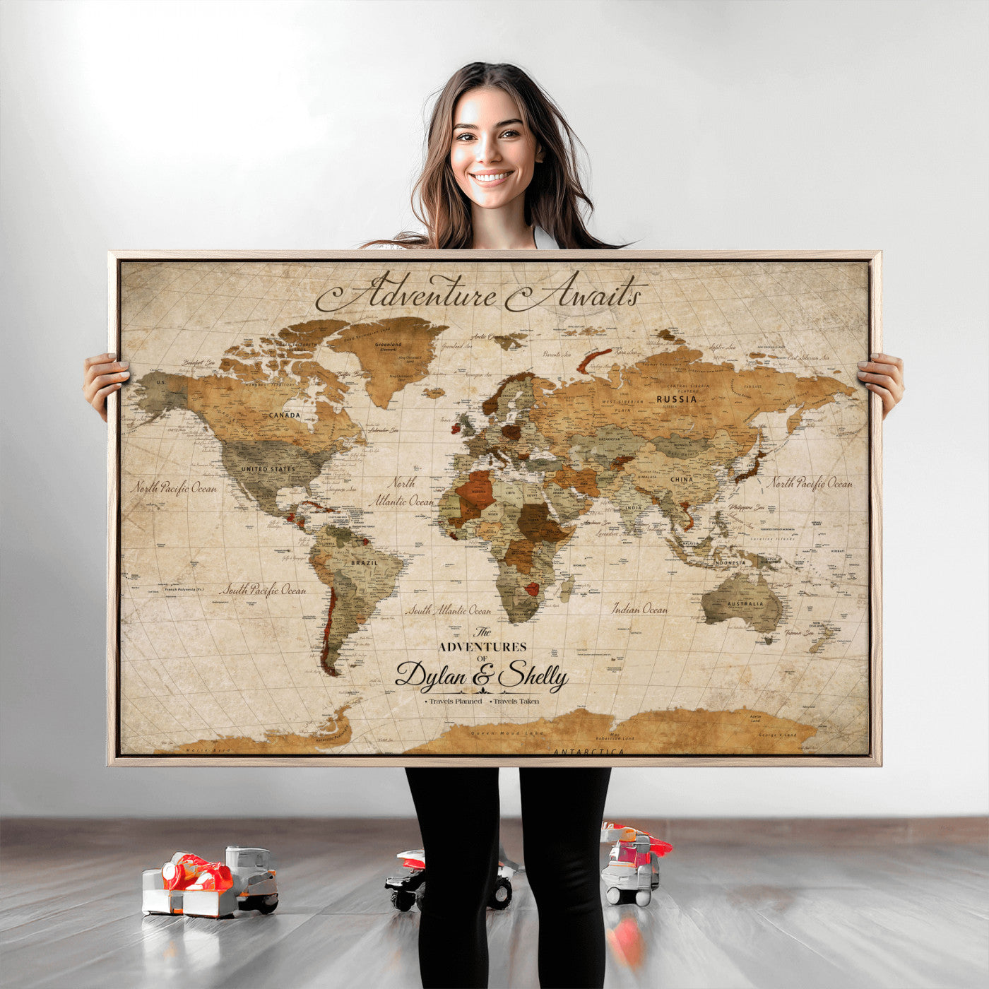 -Personalized Push Pin World Map Canvas Print – Custom Adventure Travel Map, Framed Wall Art Gift for Couples or Family