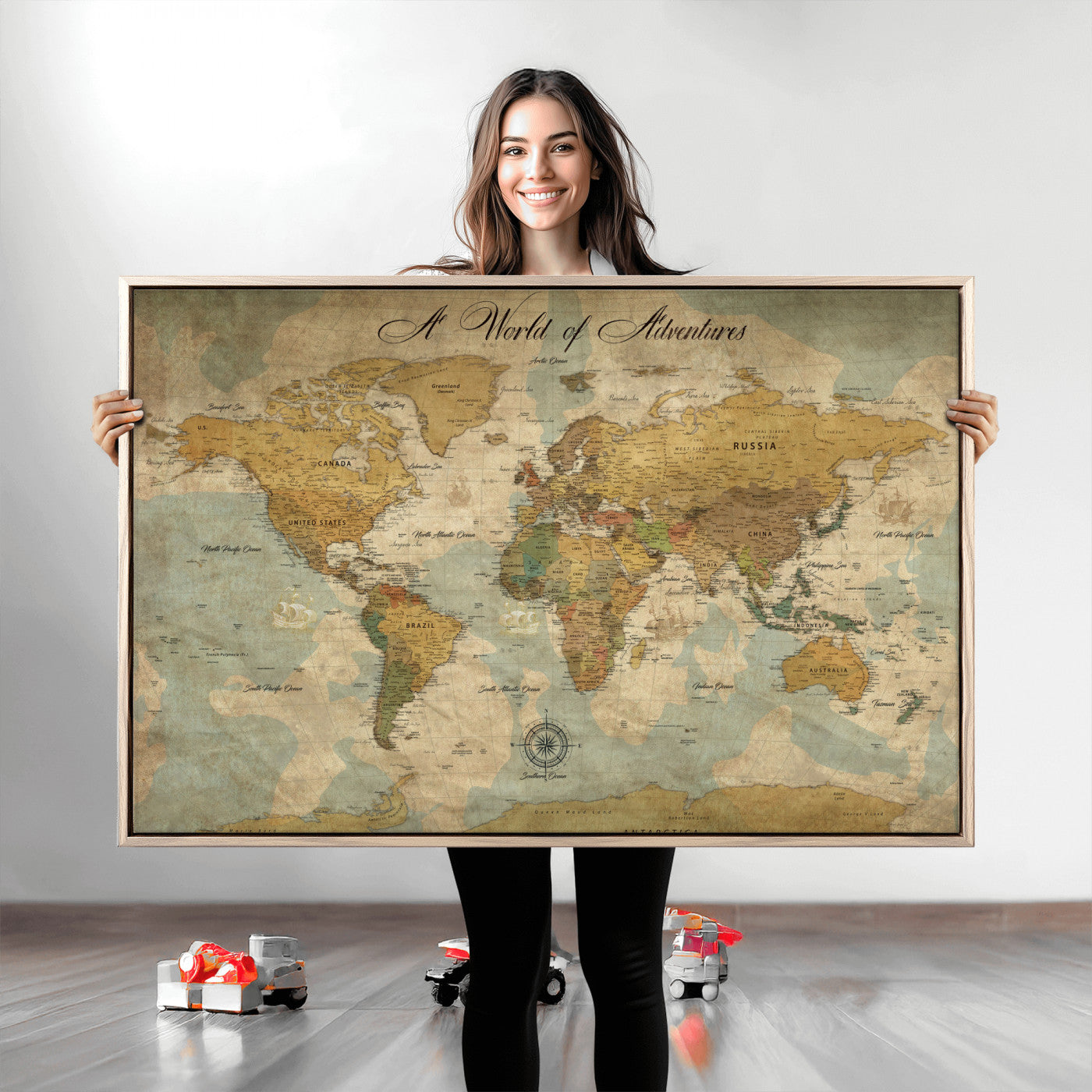 Rehber01-MGV-CV-36X24-Personalized World Map Canvas – Custom Framed Push Pin Travel Map Wall Art, Vintage Style Gift for Couples or Families