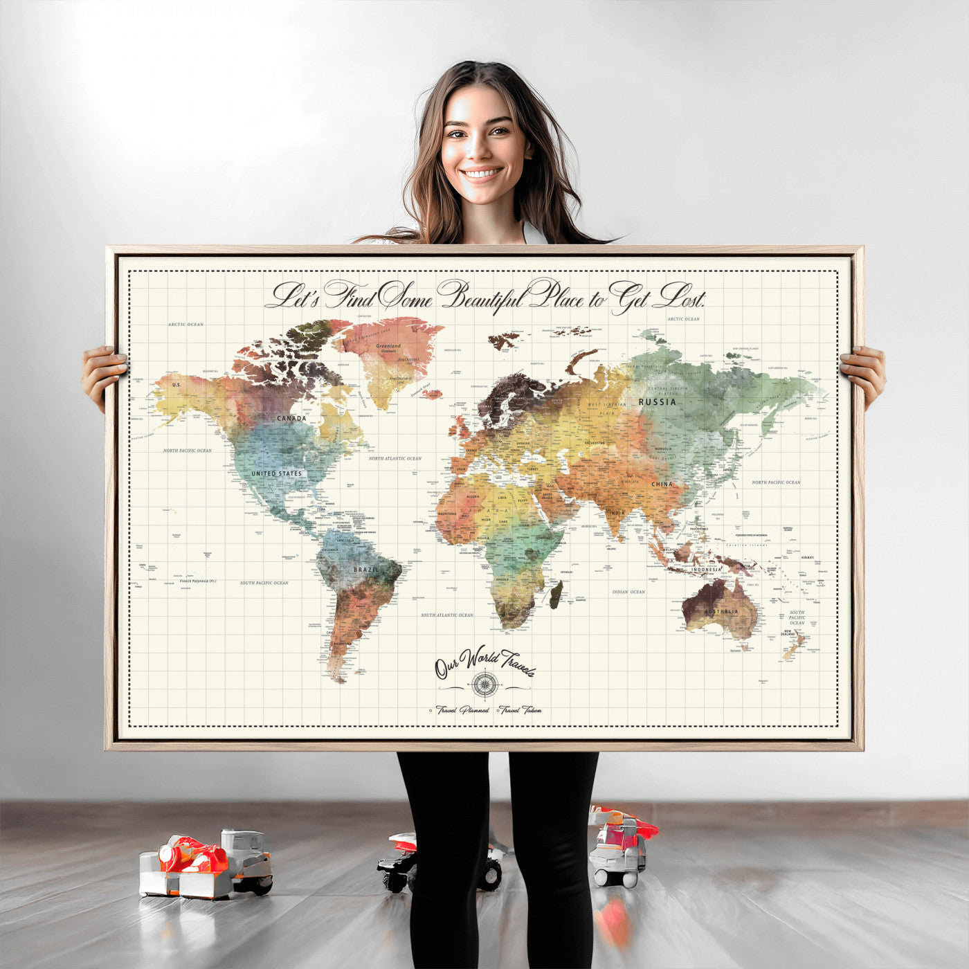 -Personalized Push Pin World Map Canvas Print – Custom Adventure Travel Tracker Map, Framed Wall Art Gift for Couples or Family