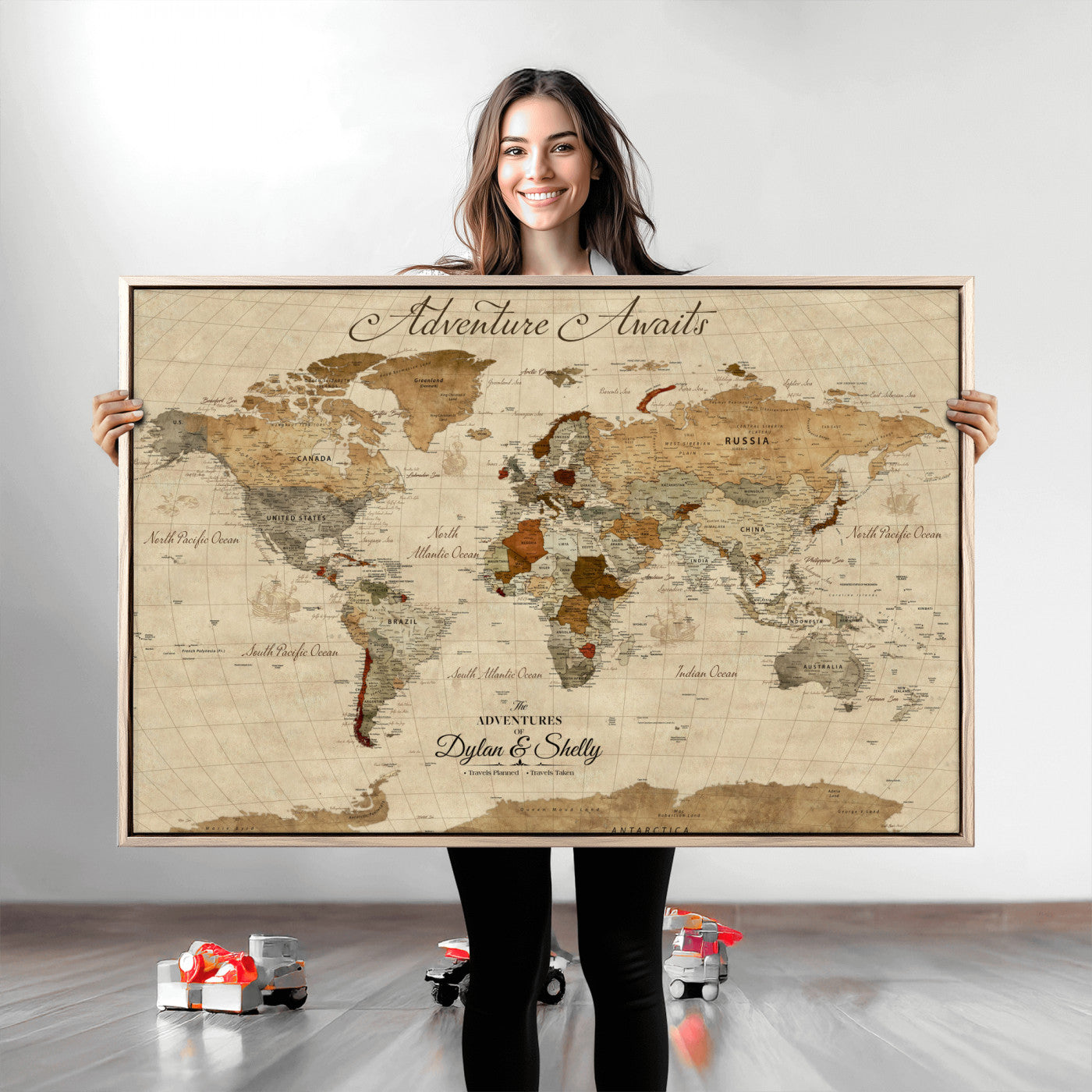 Rehber01-MGV-CV-36X24-Personalized World Map Canvas – Custom Framed Push Pin Travel Map Wall Art with Names, Vintage Style Gift for Couples