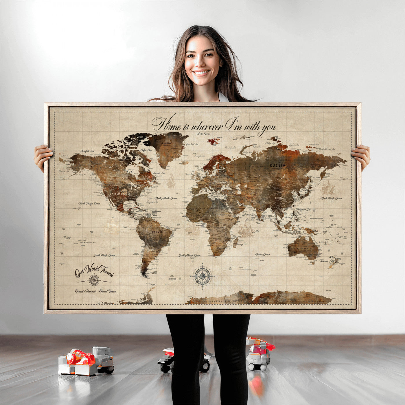 Rehber01-MGV-CV-36X24-Personalized World Map Canvas Wall Art – Custom Framed Push Pin Travel Tracker Print, Unique Gift for Home or Office Decor