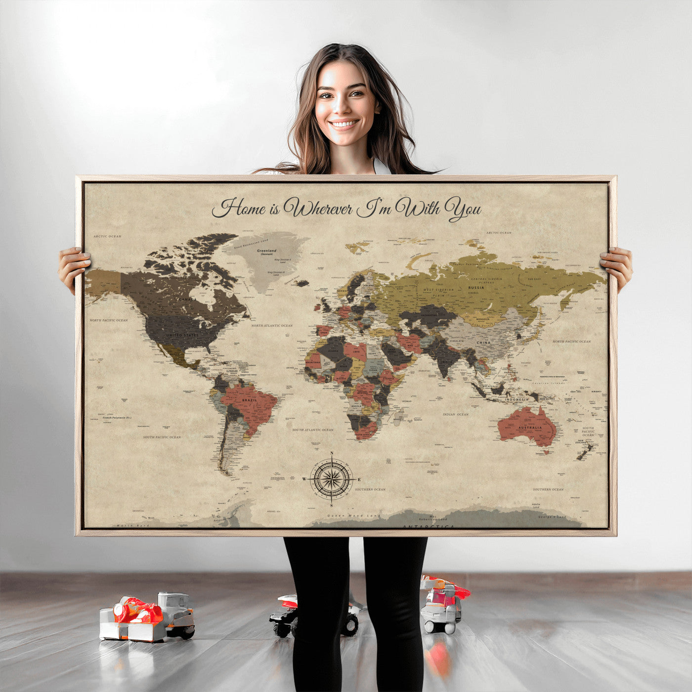 -Personalized World Map Wall Art Canvas Print – Customizable Push Pin Framed Travel Map Artwork for Home Office