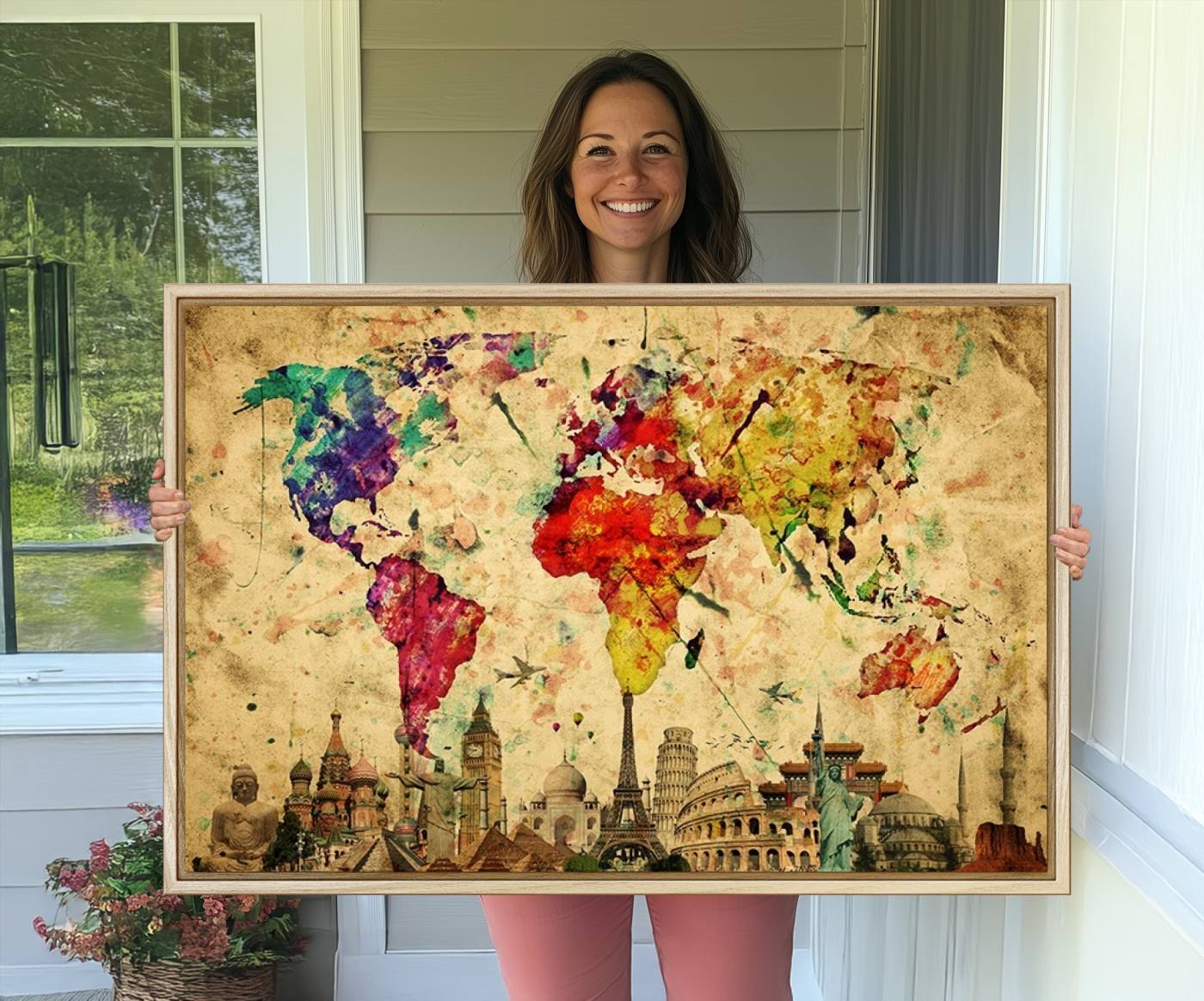 34595-MGV-CV-36X24-Push Pin World Map Canvas Print – Framed Travel Map Wall Art for Couples, Anniversary Gift, Modern Home or Office Decor