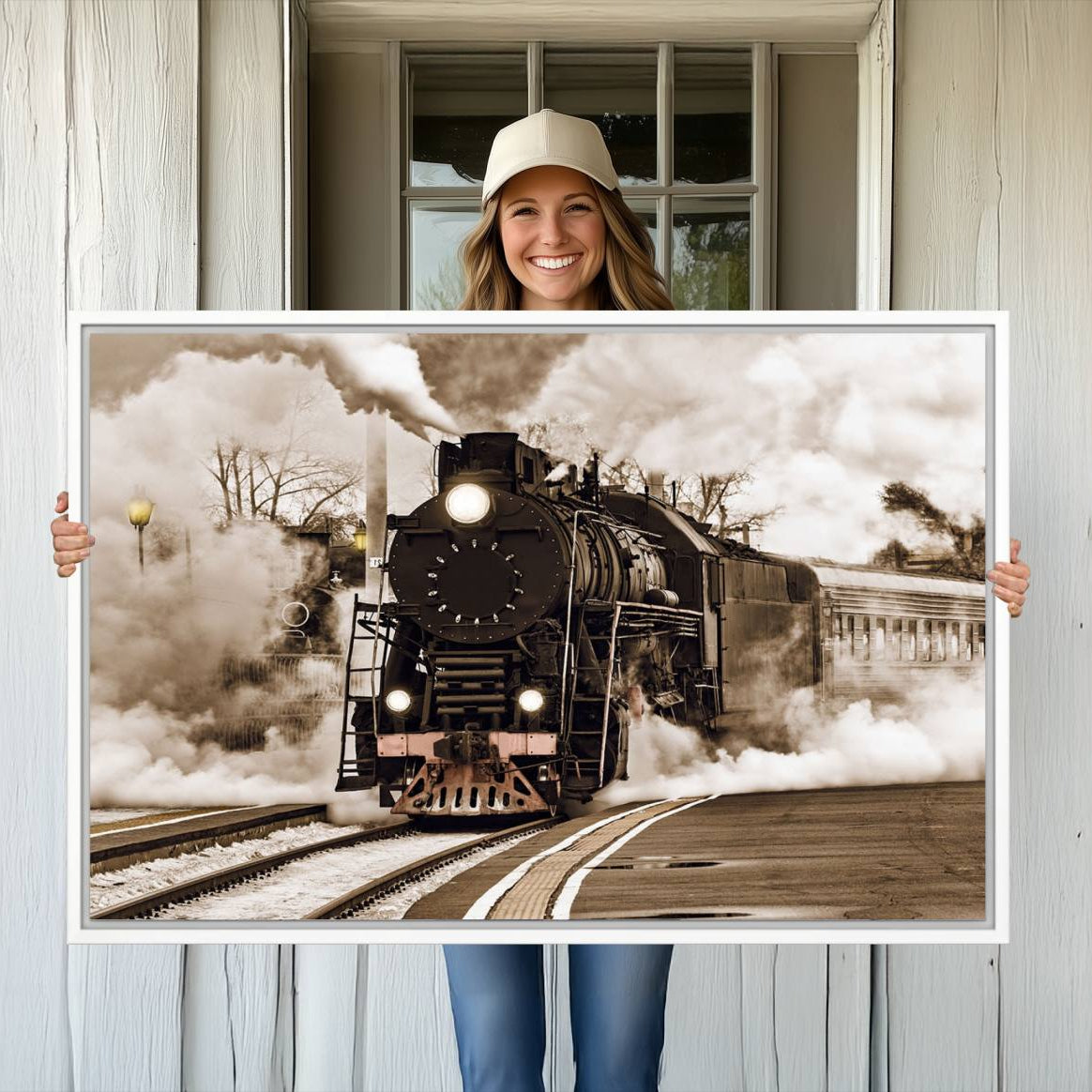 31136-MGV-CV-36X24-Black Steam Train Canvas Wall Art Print Steam Locomotive Art Canvas