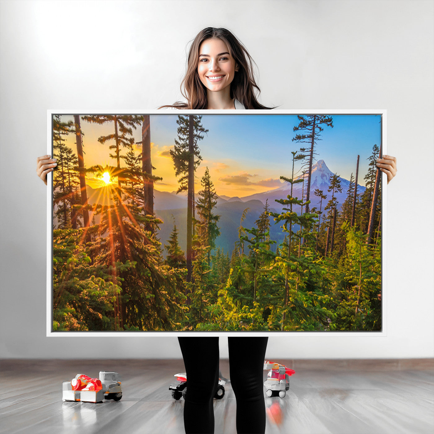 -Forest Sunset Wall Art Canvas Print, Framed Sunset Trees Art Picture Print, Green Pines Perfect