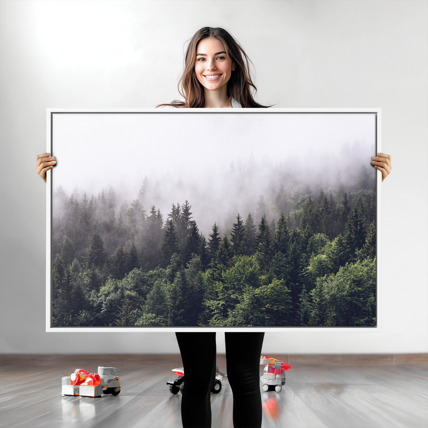 -Misty Forest Wall Art Canvas Print, Framed Foggy Pines Art Picture Print, Pine Valley Perfect Moody