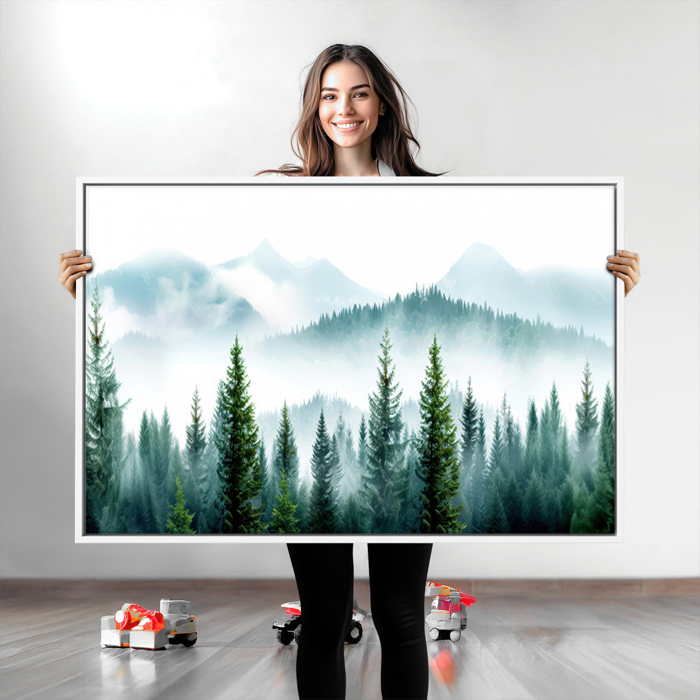 16716676-MGV-CV-36X24-Pine Forest Wall Art Canvas Print – Misty Mountains Foggy Trees Serene Woodland Nature Artwork for Home Office