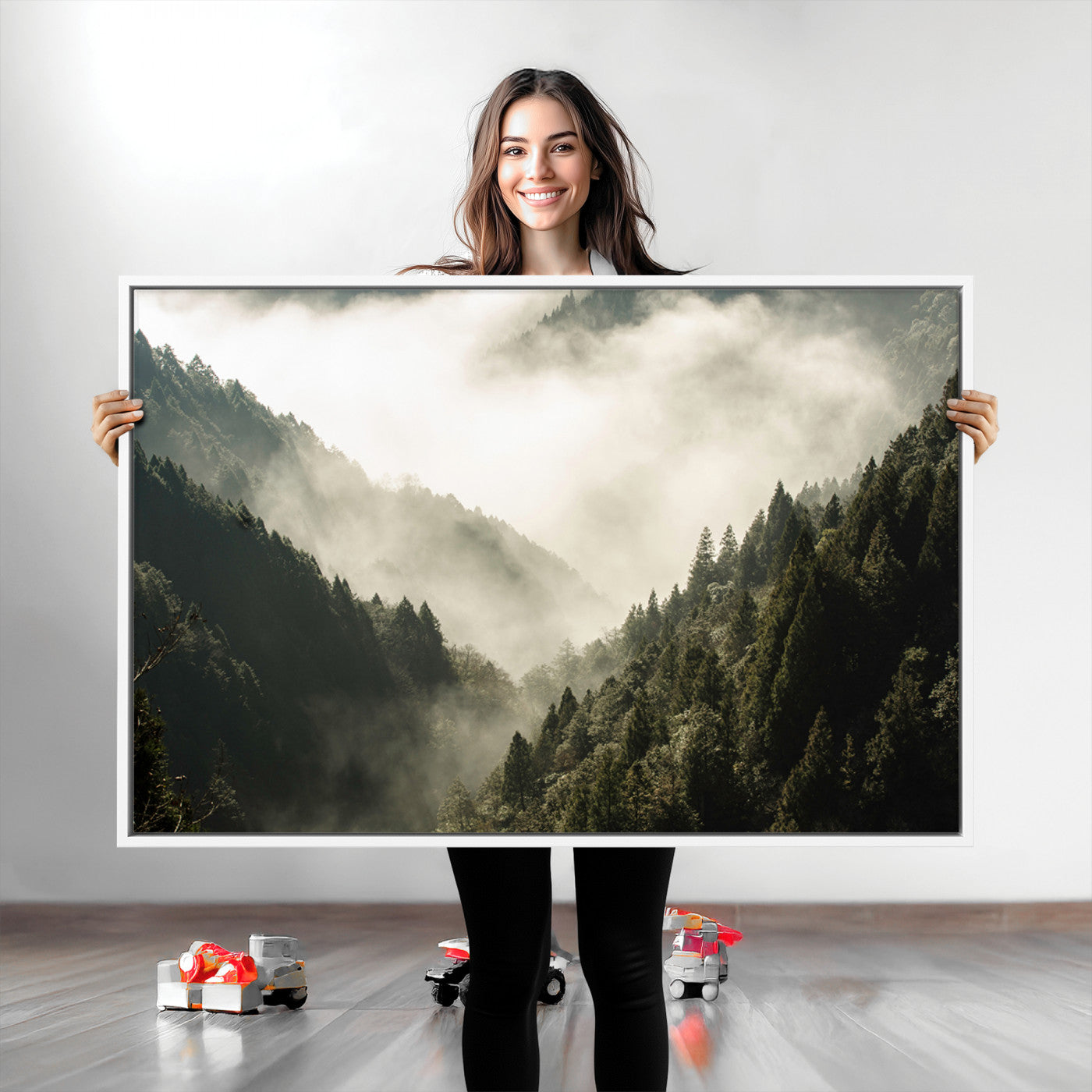 57570237-MGV-CV-36X24-Misty Valley Wall Art Canvas Print – Foggy Forest Pine Trees Serene Woodland Landscape Artwork for Home Office