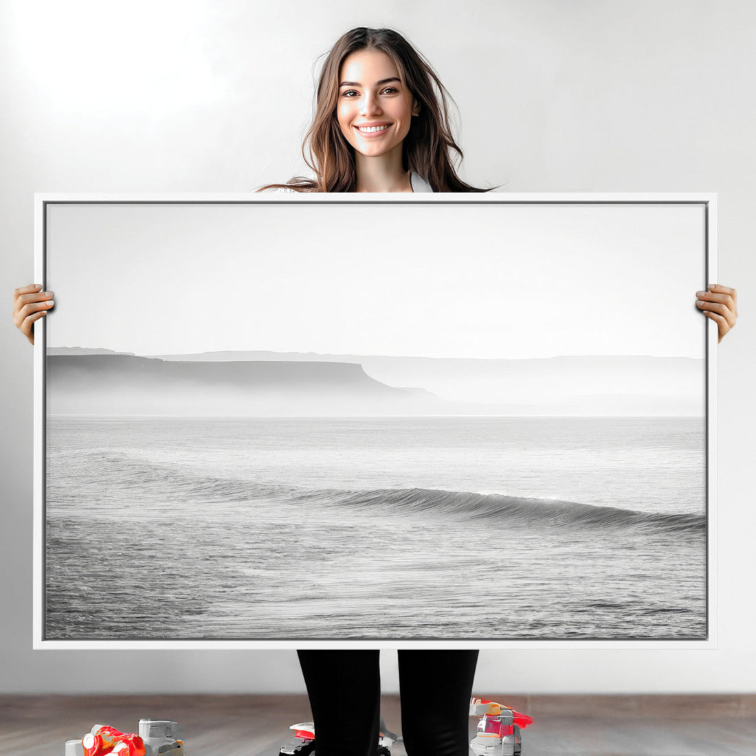 Black and White Seascape Wall Art Canvas Print, Framed Ocean Waves Art, Misty Coastal