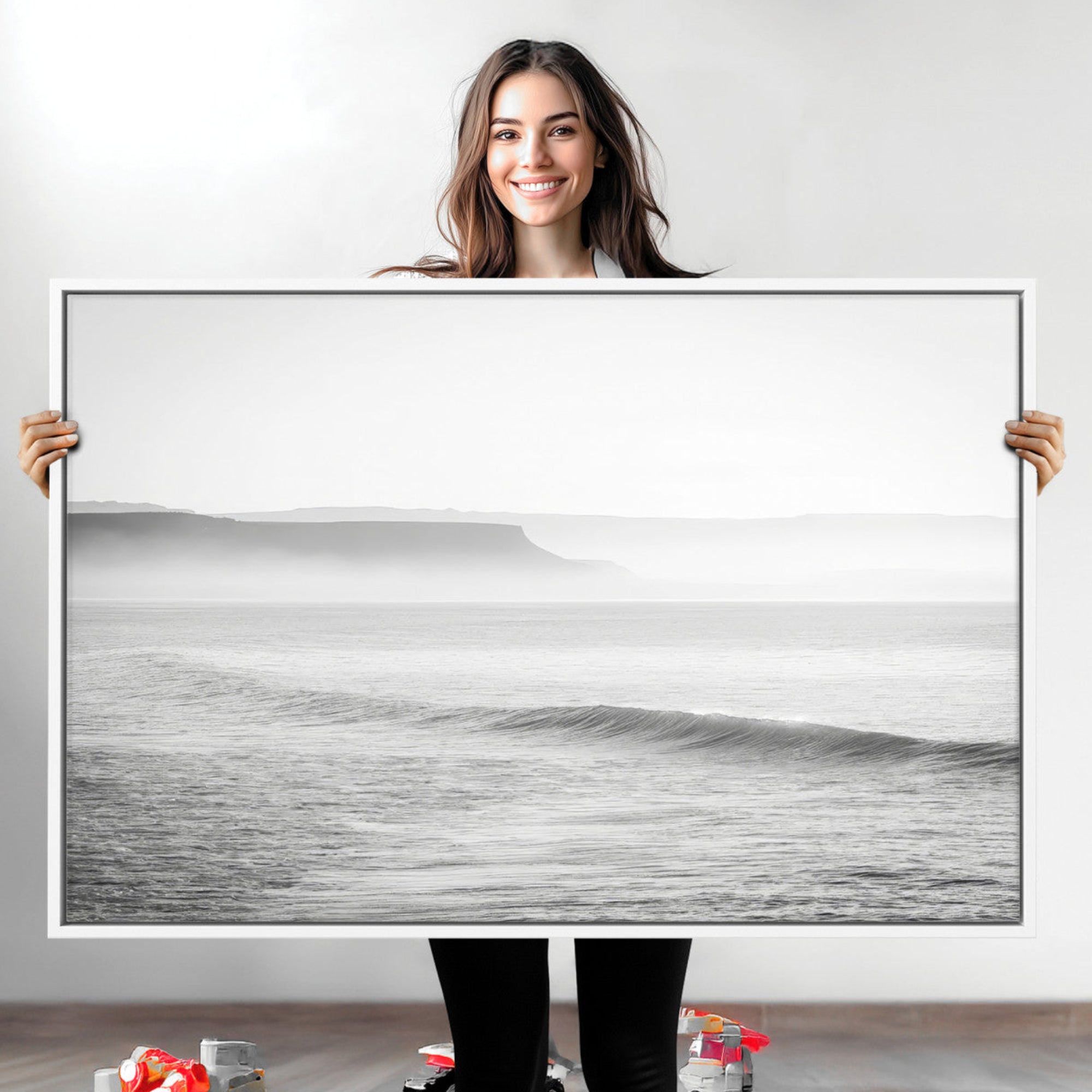 60635783-MGV-CV-36X24-Black White Seascape Wall Art Canvas Print – Framed Ocean Waves Art Picture Misty Coastal Artwork for Home Office