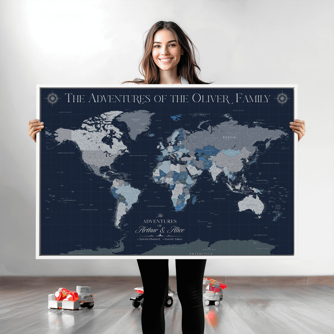 -Personalized Family Adventure World Map – Custom Framed Push Pin Travel Tracker Canvas, Elegant Wall Art for Home, Office