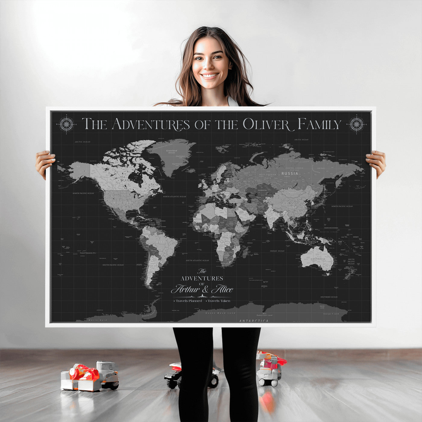 -Personalized Family World Map Canvas – Custom Framed Push Pin Travel Tracker, Modern Adventure Wall Art for Home, Office