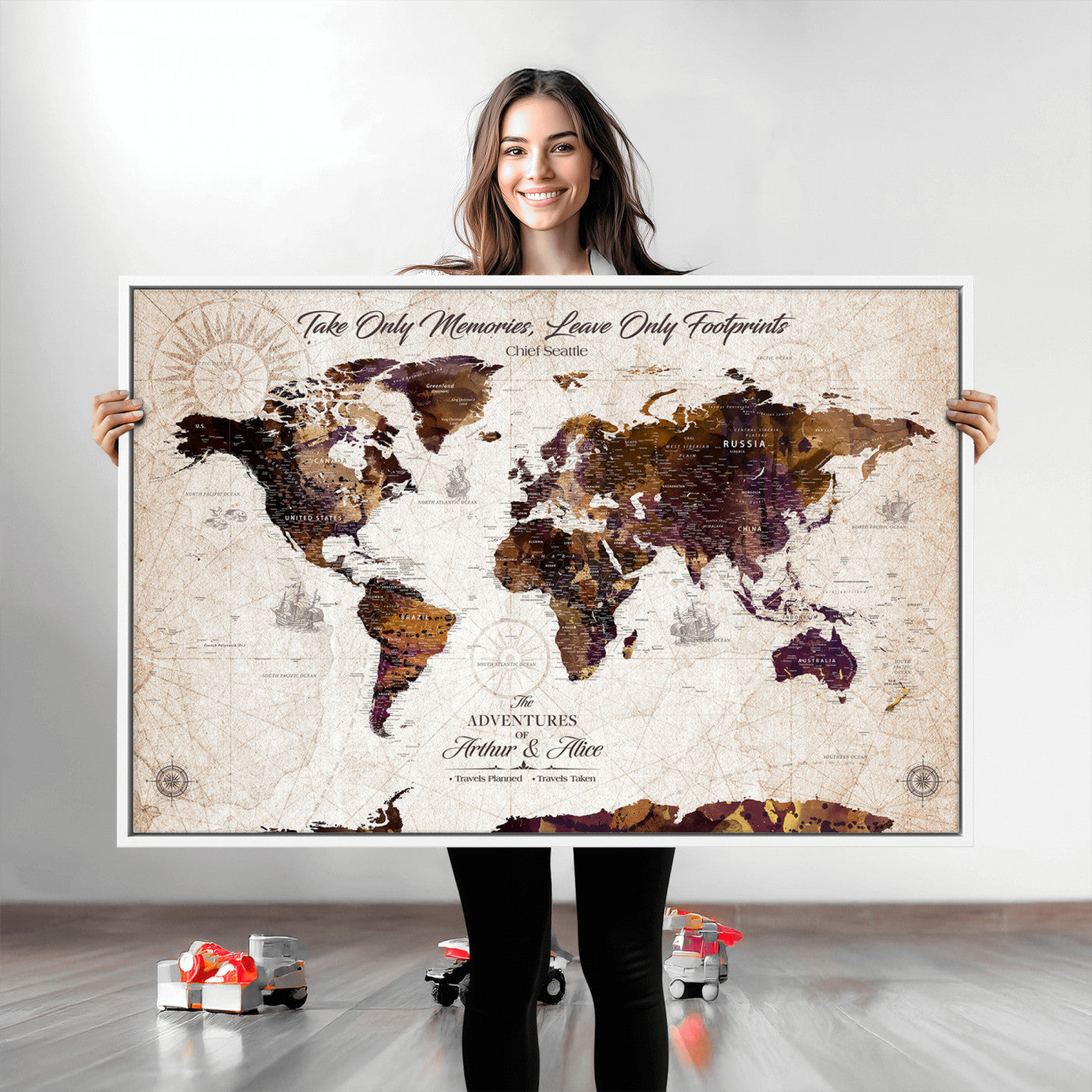 -Personalized World Map Canvas – Custom Framed Push Pin Travel Tracker, Elegant Wall Art Gift for Couples for Home, Office