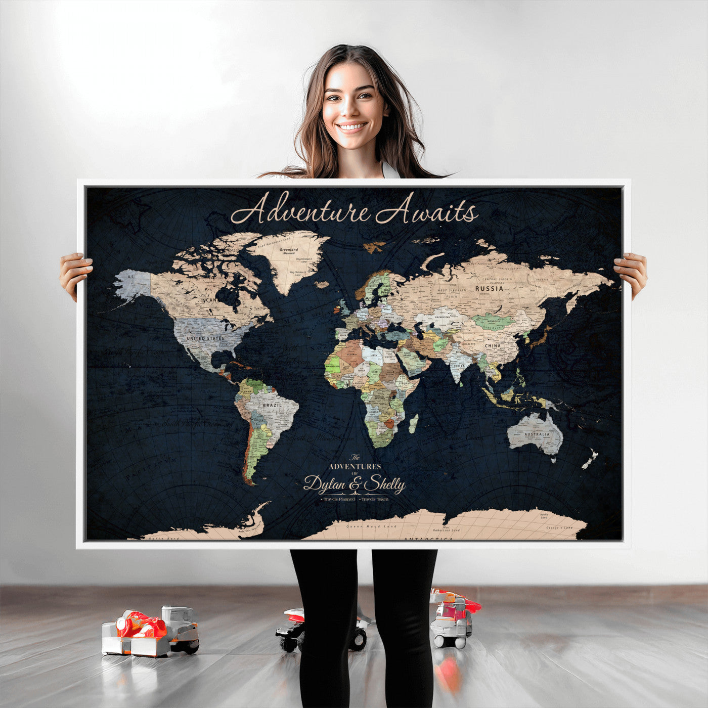 Rehber01-MGV-CV-36X24-Personalized World Map Canvas Print – Framed Push Pin Travel Wall Art for Couples – Adventure & Anniversary Gift