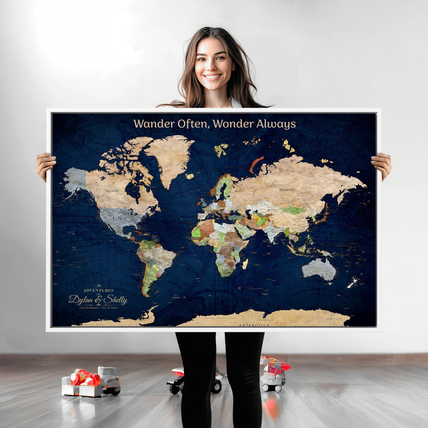 Rehber01-MGV-CV-36X24-Personalized World Map Canvas – Custom Framed Push Pin Travel Map Wall Art, Navy Blue Vintage Gift for Couples and Adventurers