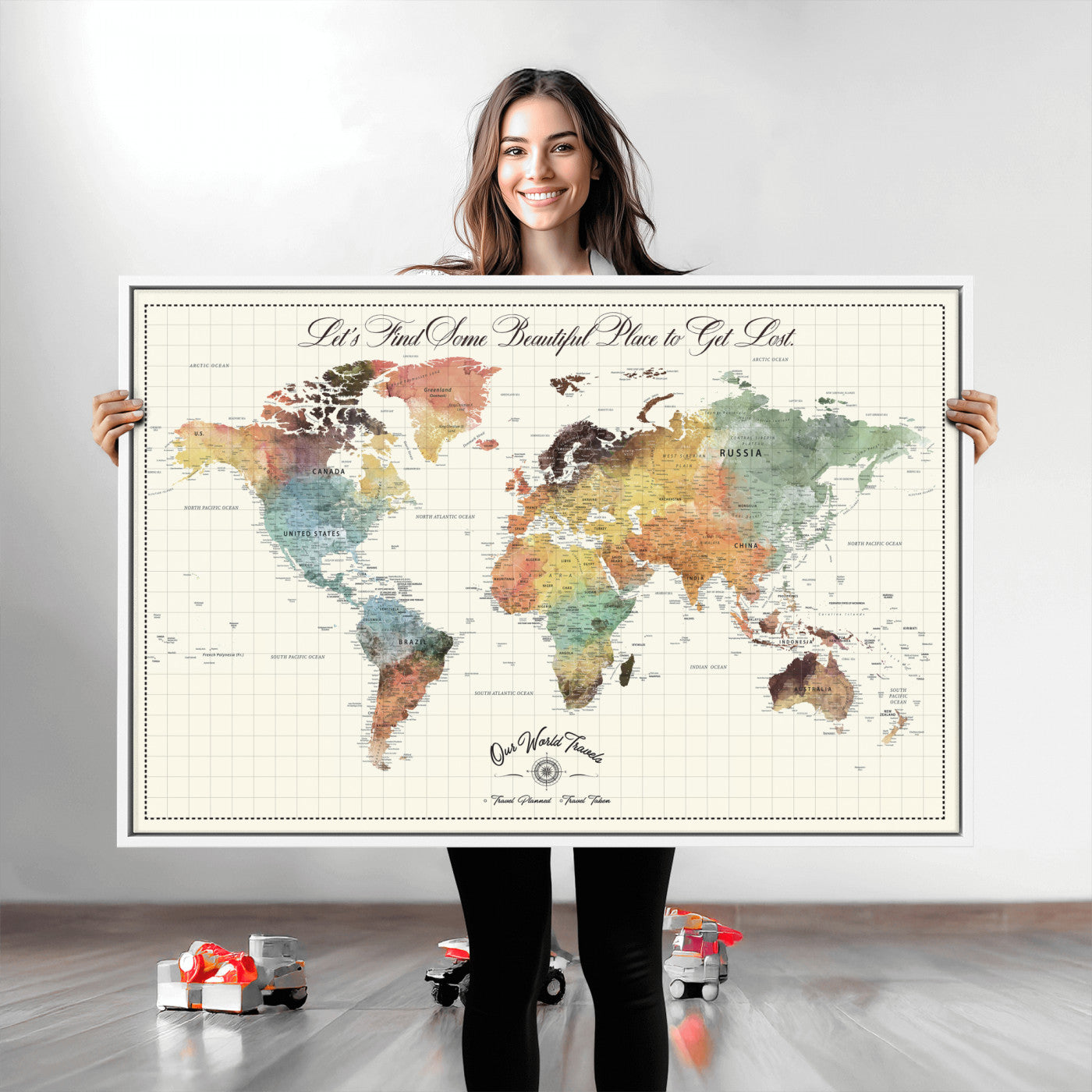 -Personalized Push Pin World Map Canvas Print – Custom Adventure Travel Tracker Map, Framed Wall Art Gift for Couples or Family