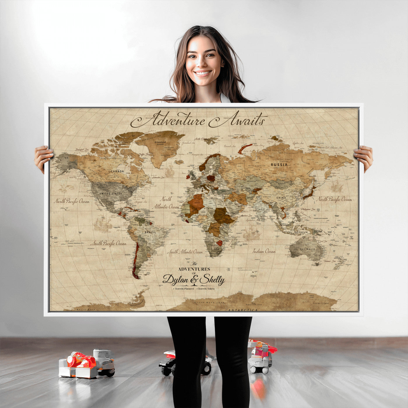 Rehber01-MGV-CV-36X24-Personalized World Map Canvas – Custom Framed Push Pin Travel Map Wall Art with Names, Vintage Style Gift for Couples