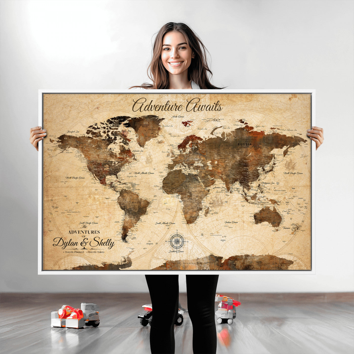 Rehber01-MGV-CV-36X24-Personalized World Map Canvas Wall Art – Custom Framed Push Pin Travel Tracker Print, Unique Gift for Home or Office Decor