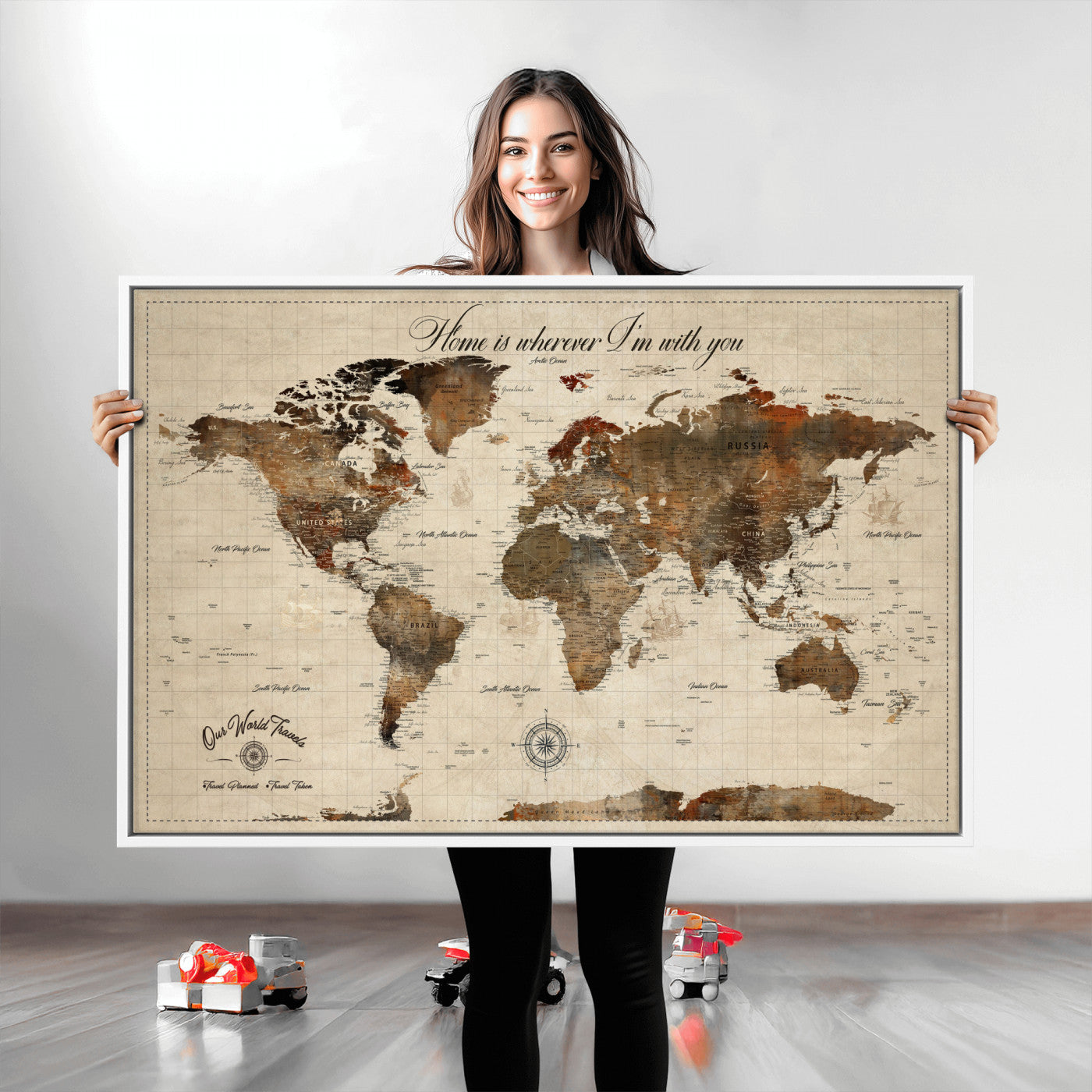 Rehber01-MGV-CV-36X24-Personalized World Map Canvas Wall Art – Custom Framed Push Pin Travel Tracker Print, Unique Gift for Home or Office Decor