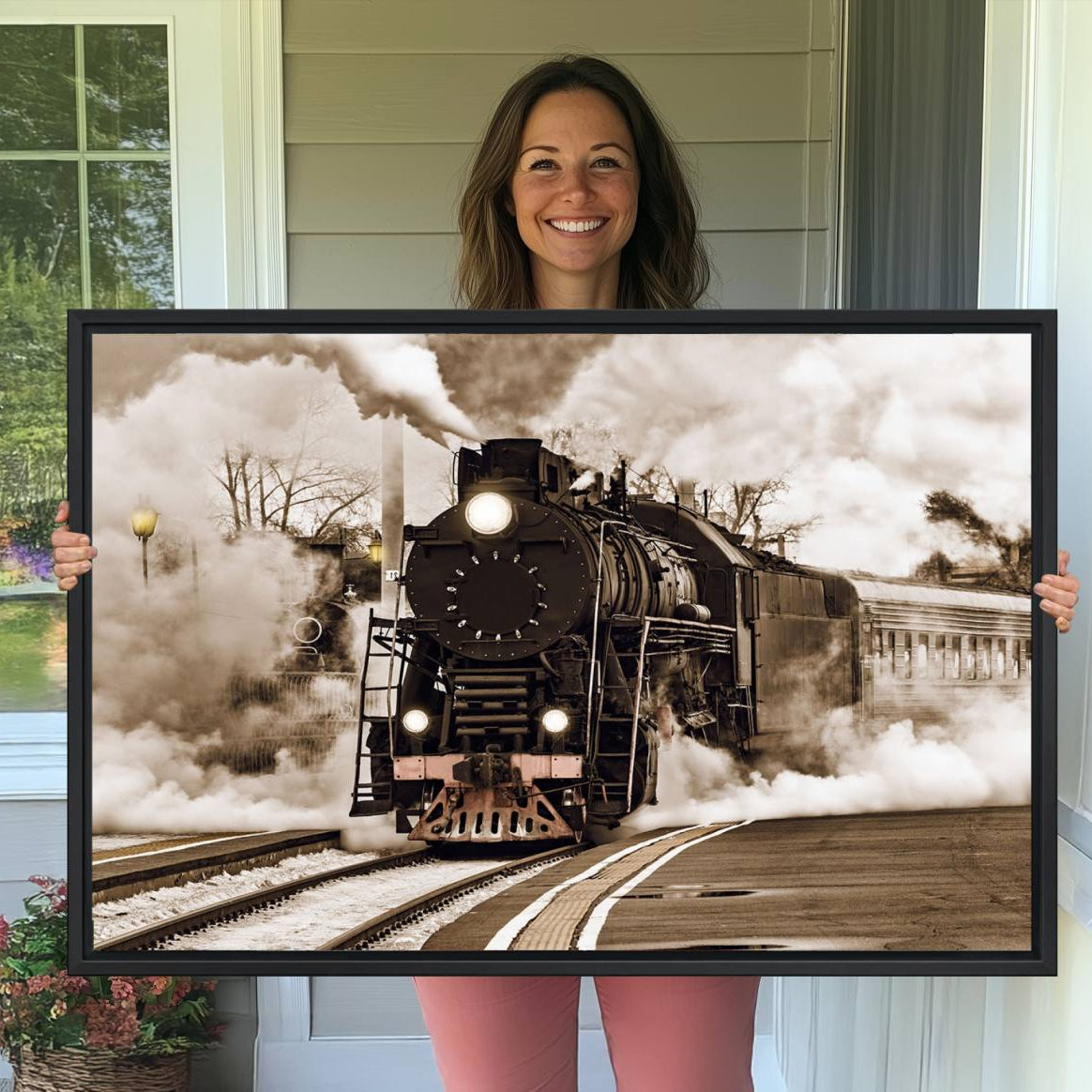 31136-MGV-CV-36X24-Black Steam Train Canvas Wall Art Print Steam Locomotive Art Canvas