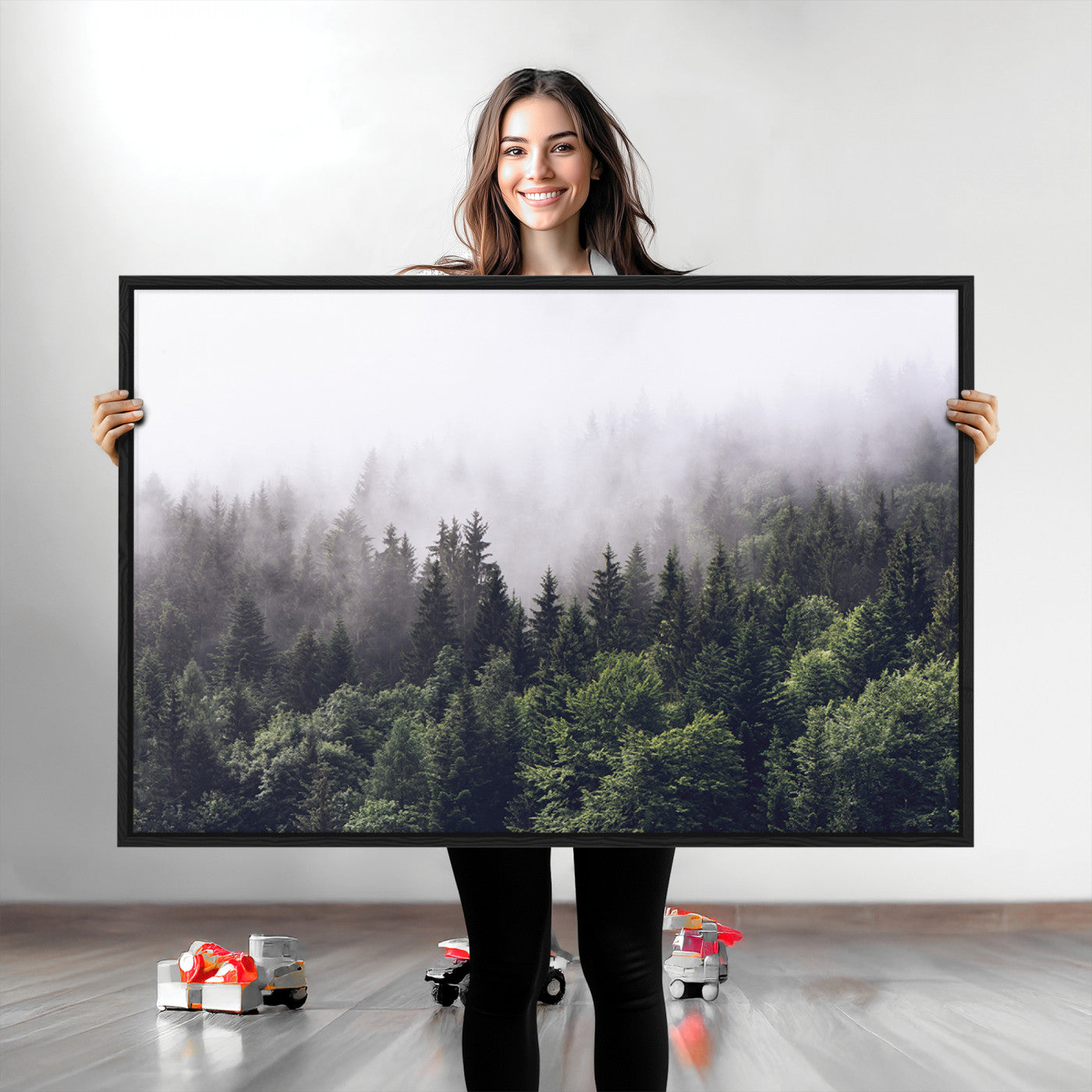 -Misty Forest Wall Art Canvas Print, Framed Foggy Pines Art Picture Print, Pine Valley Perfect Moody