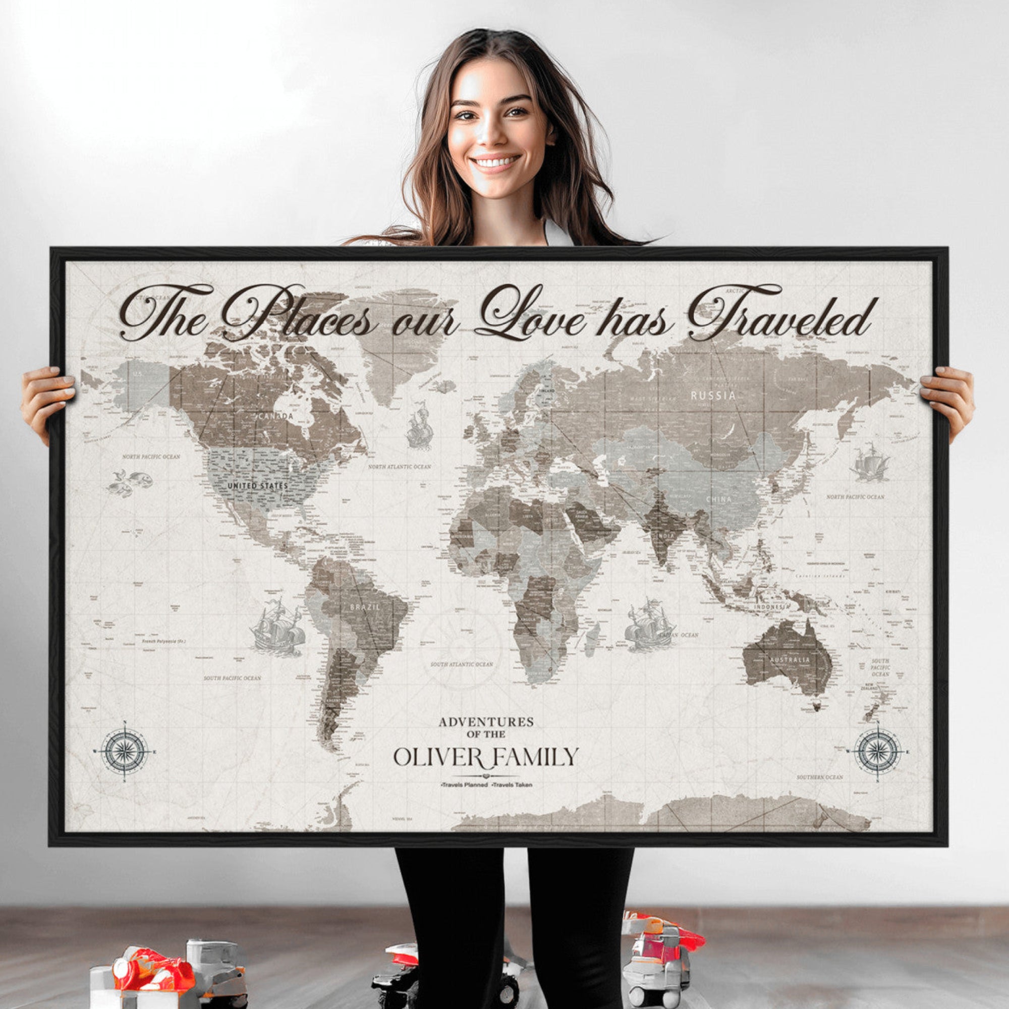 -Personalized Push Pin World Map Canvas – Custom Framed Travel Tracker Wall Art, Large Adventure Map with Pins for Home, Office