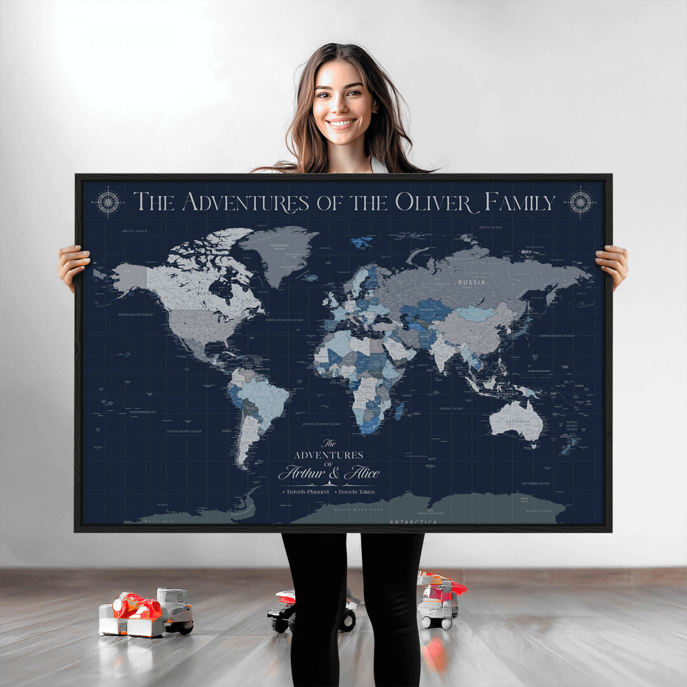 -Personalized Family Adventure World Map – Custom Framed Push Pin Travel Tracker Canvas, Elegant Wall Art for Home, Office