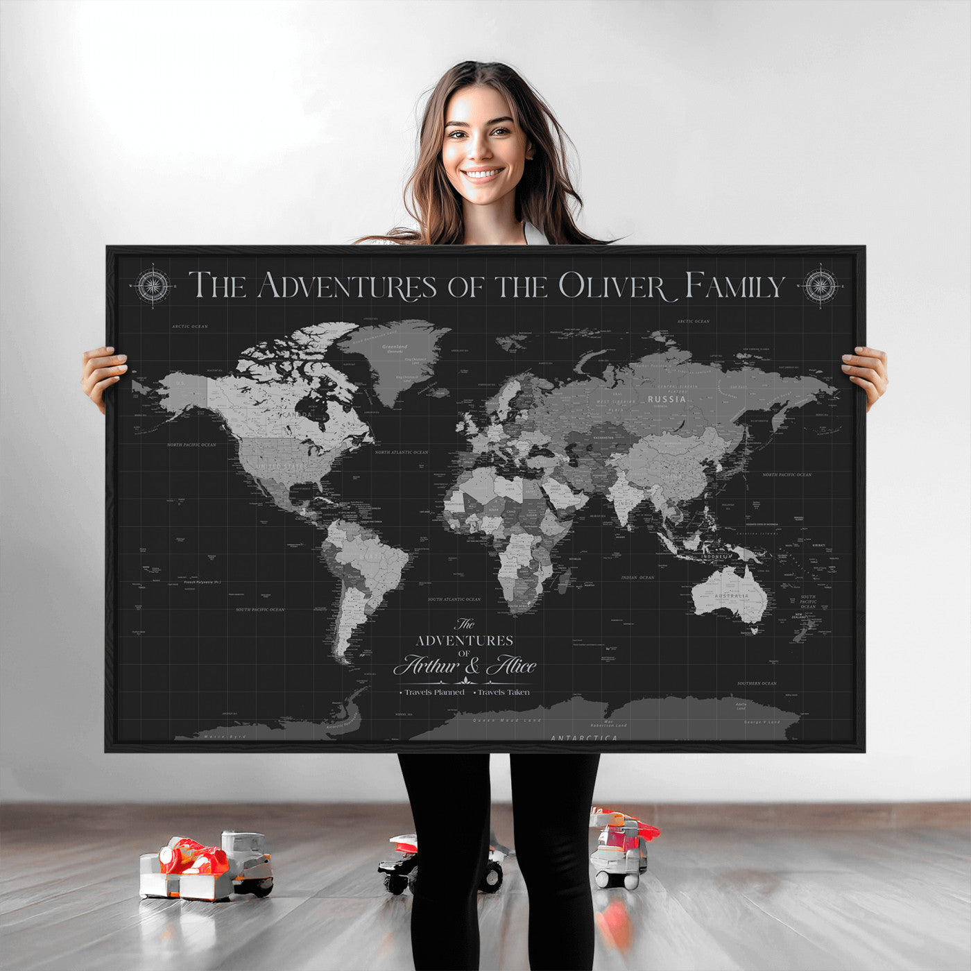 -Personalized Family World Map Canvas – Custom Framed Push Pin Travel Tracker, Modern Adventure Wall Art for Home, Office