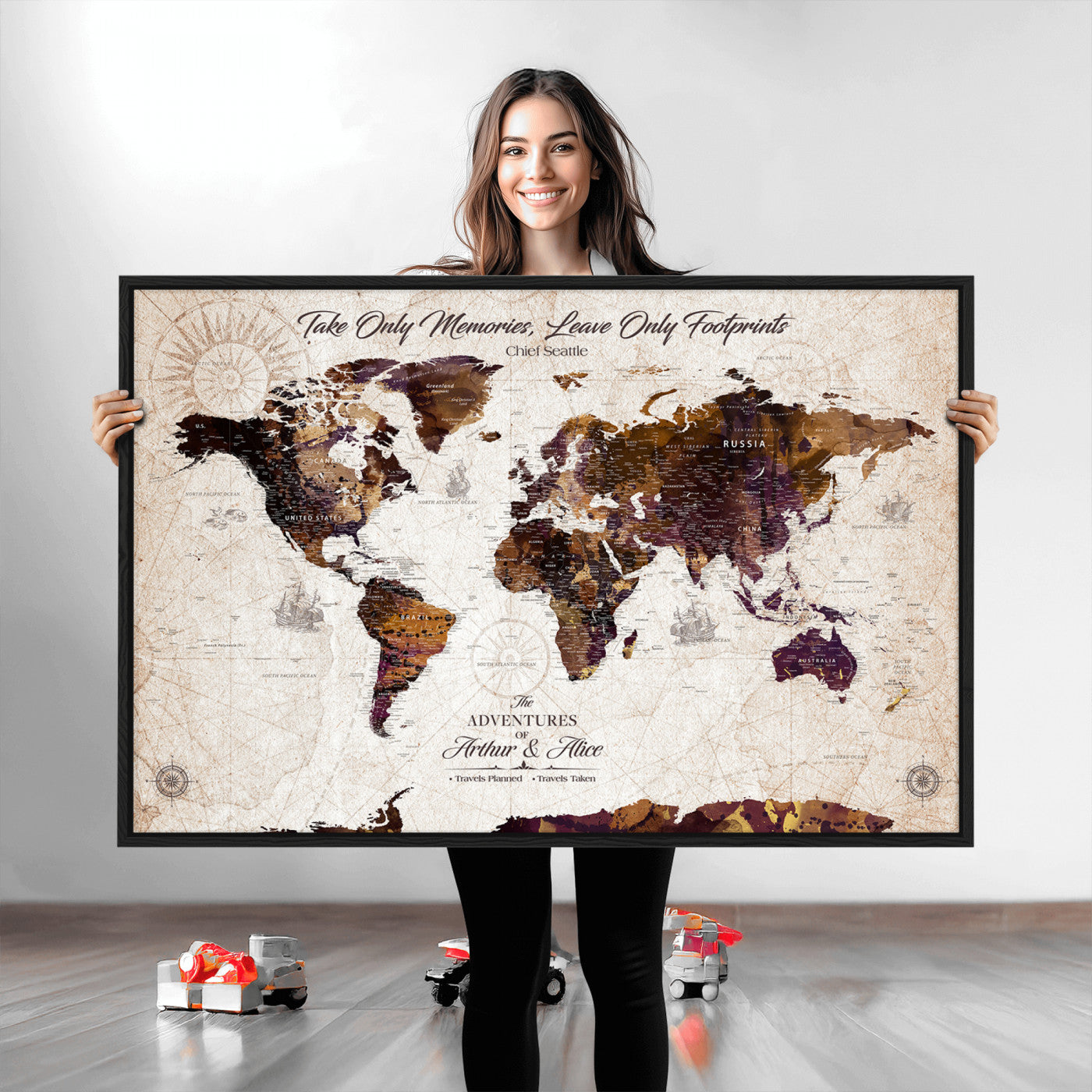 -Personalized World Map Canvas – Custom Framed Push Pin Travel Tracker, Elegant Wall Art Gift for Couples for Home, Office