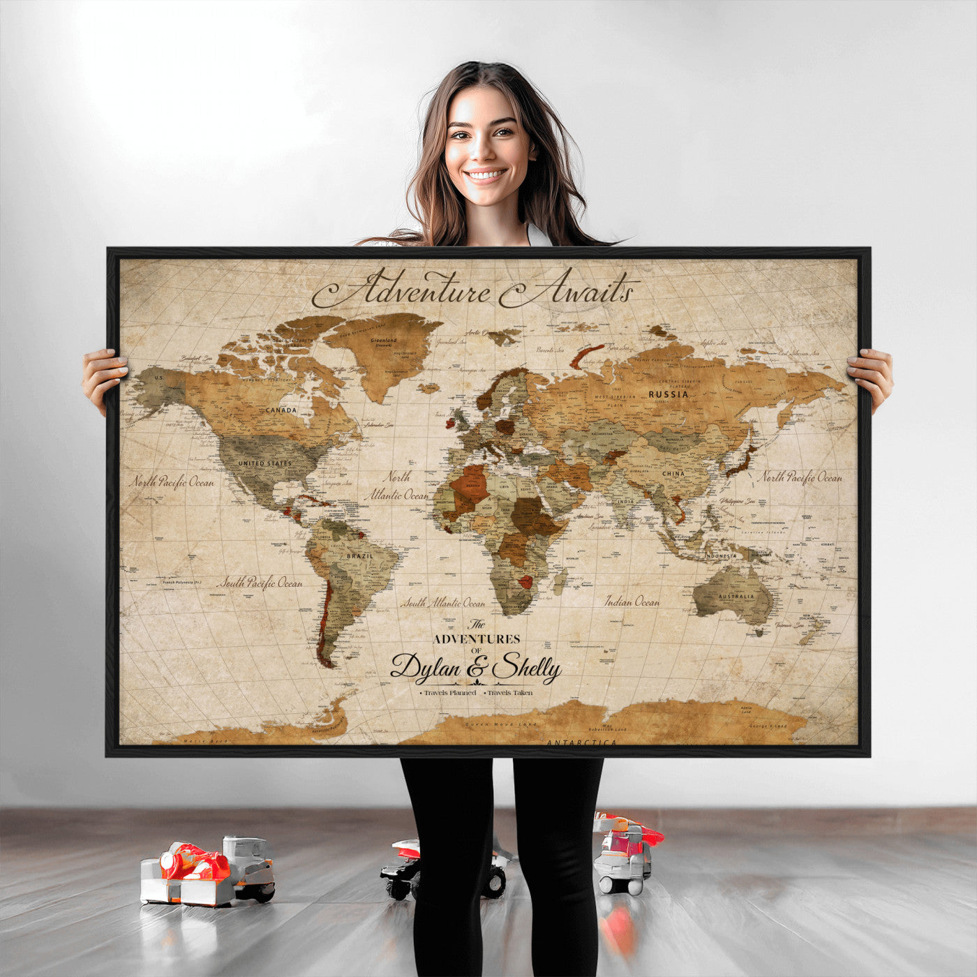 -Personalized Push Pin World Map Canvas Print – Custom Adventure Travel Map, Framed Wall Art Gift for Couples or Family