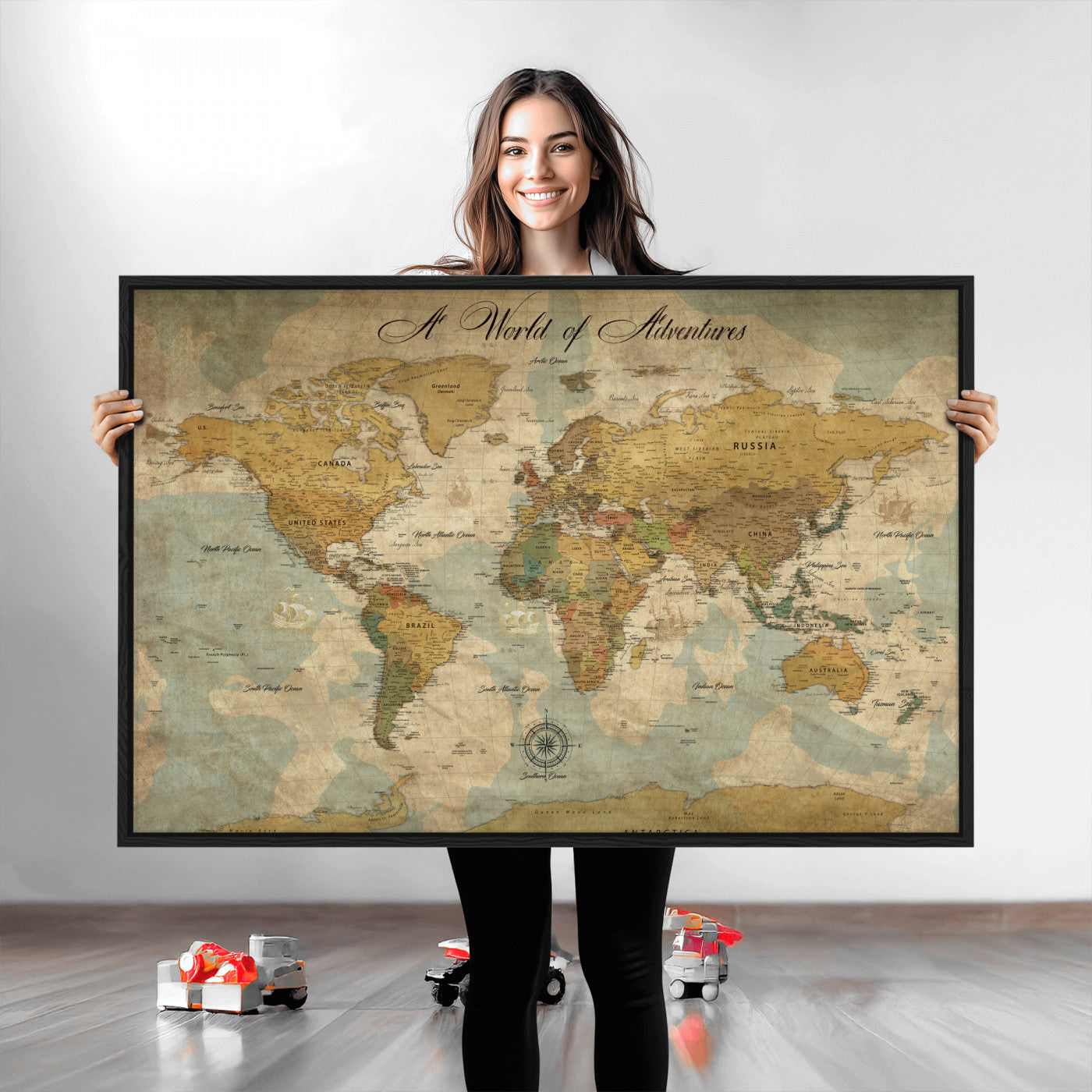 Rehber01-MGV-CV-36X24-Personalized World Map Canvas – Custom Framed Push Pin Travel Map Wall Art, Vintage Style Gift for Couples or Families