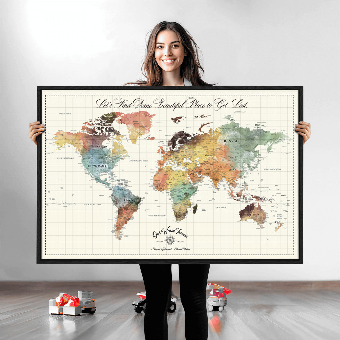 -Personalized Push Pin World Map Canvas Print – Custom Adventure Travel Tracker Map, Framed Wall Art Gift for Couples or Family