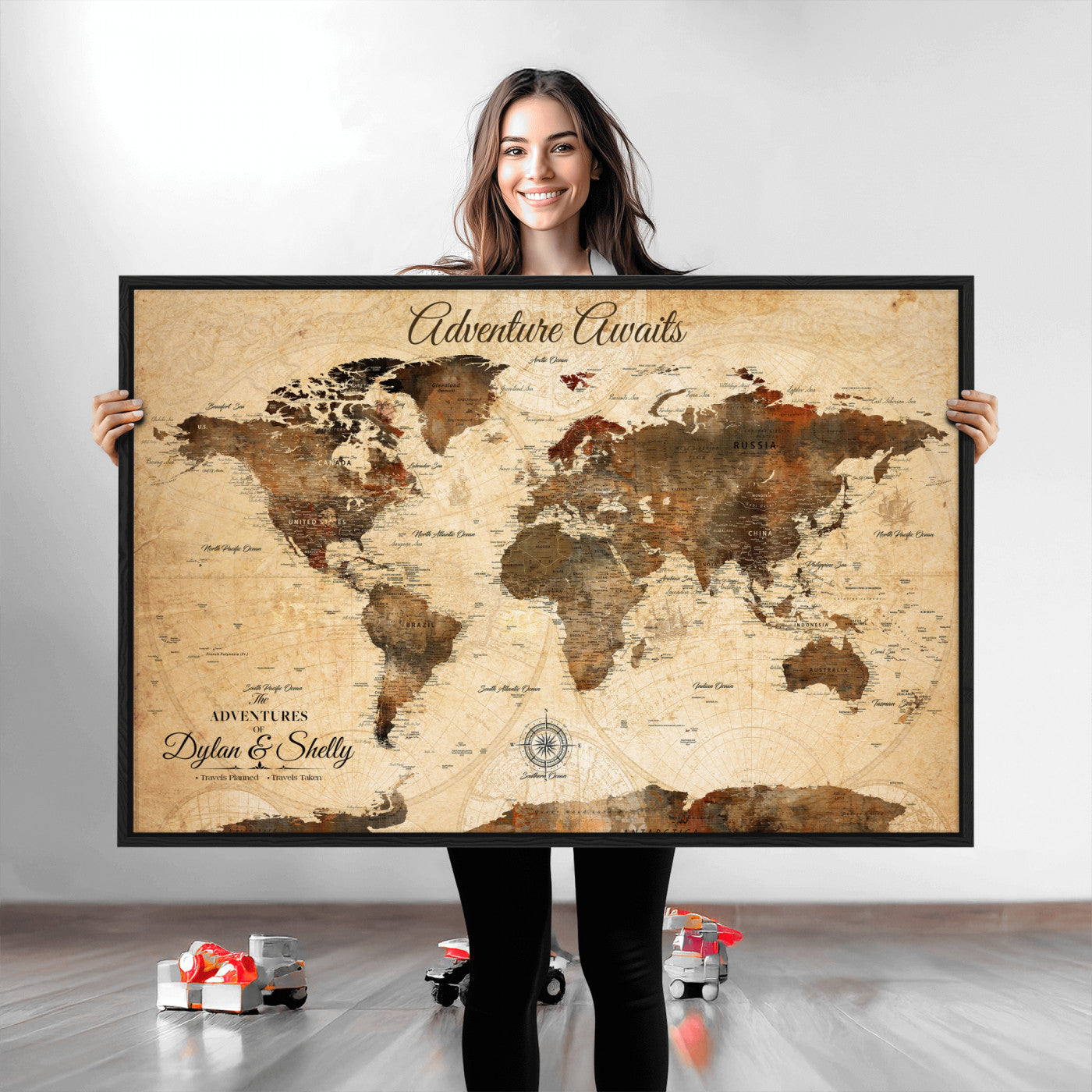 Rehber01-MGV-CV-36X24-Personalized World Map Canvas Wall Art – Custom Framed Push Pin Travel Tracker Print, Unique Gift for Home or Office Decor