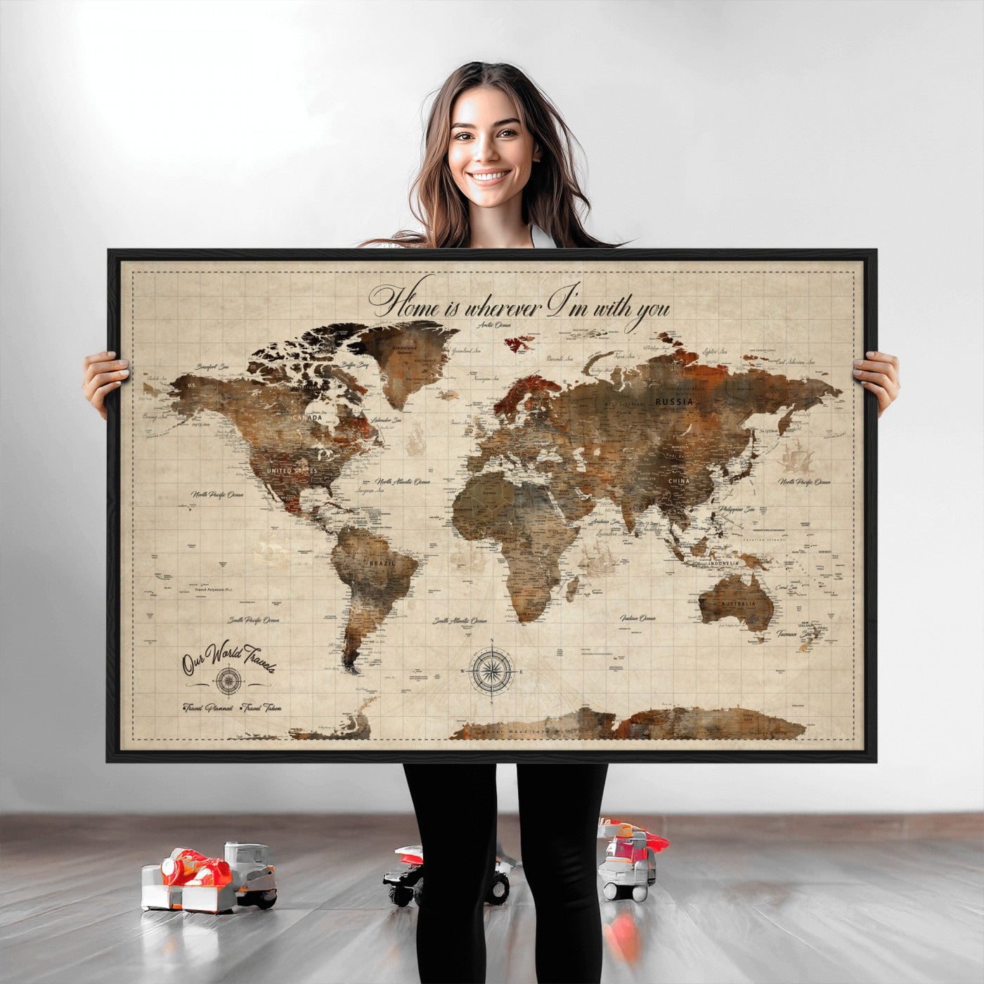 Rehber01-MGV-CV-36X24-Personalized World Map Canvas Wall Art – Custom Framed Push Pin Travel Tracker Print, Unique Gift for Home or Office Decor