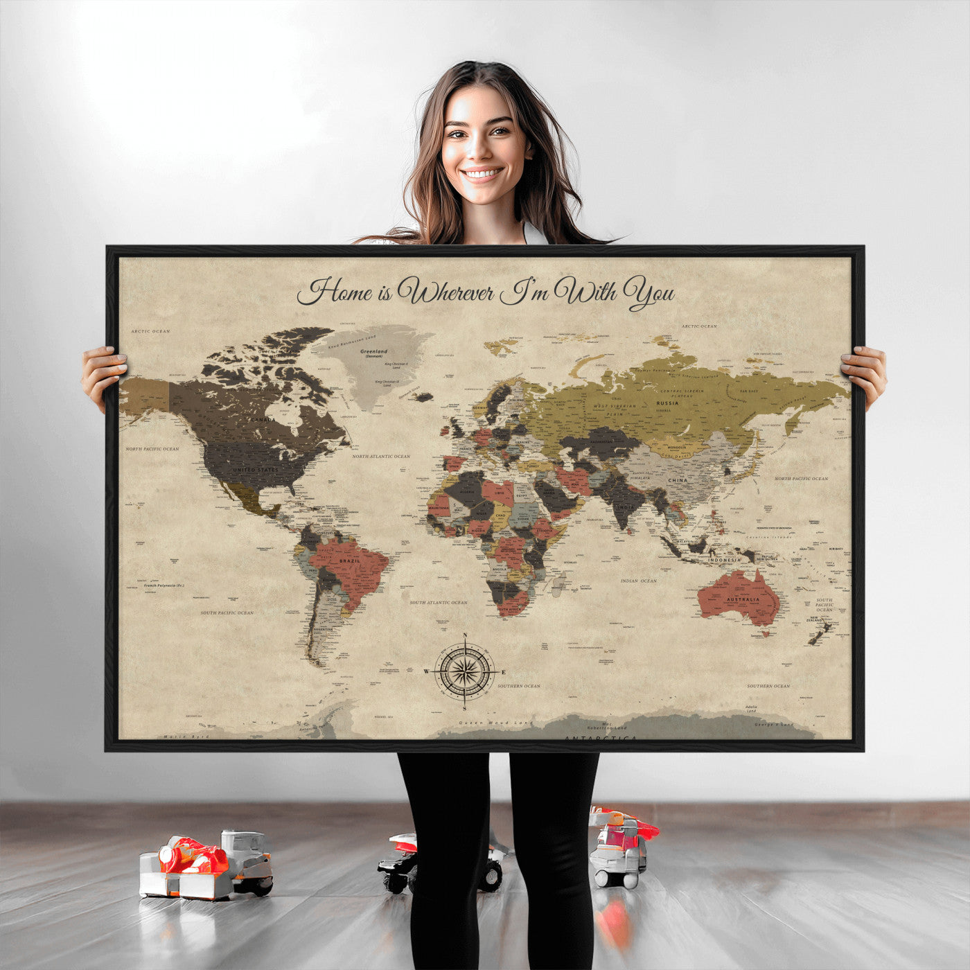 -Personalized World Map Wall Art Canvas Print – Customizable Push Pin Framed Travel Map Artwork for Home Office