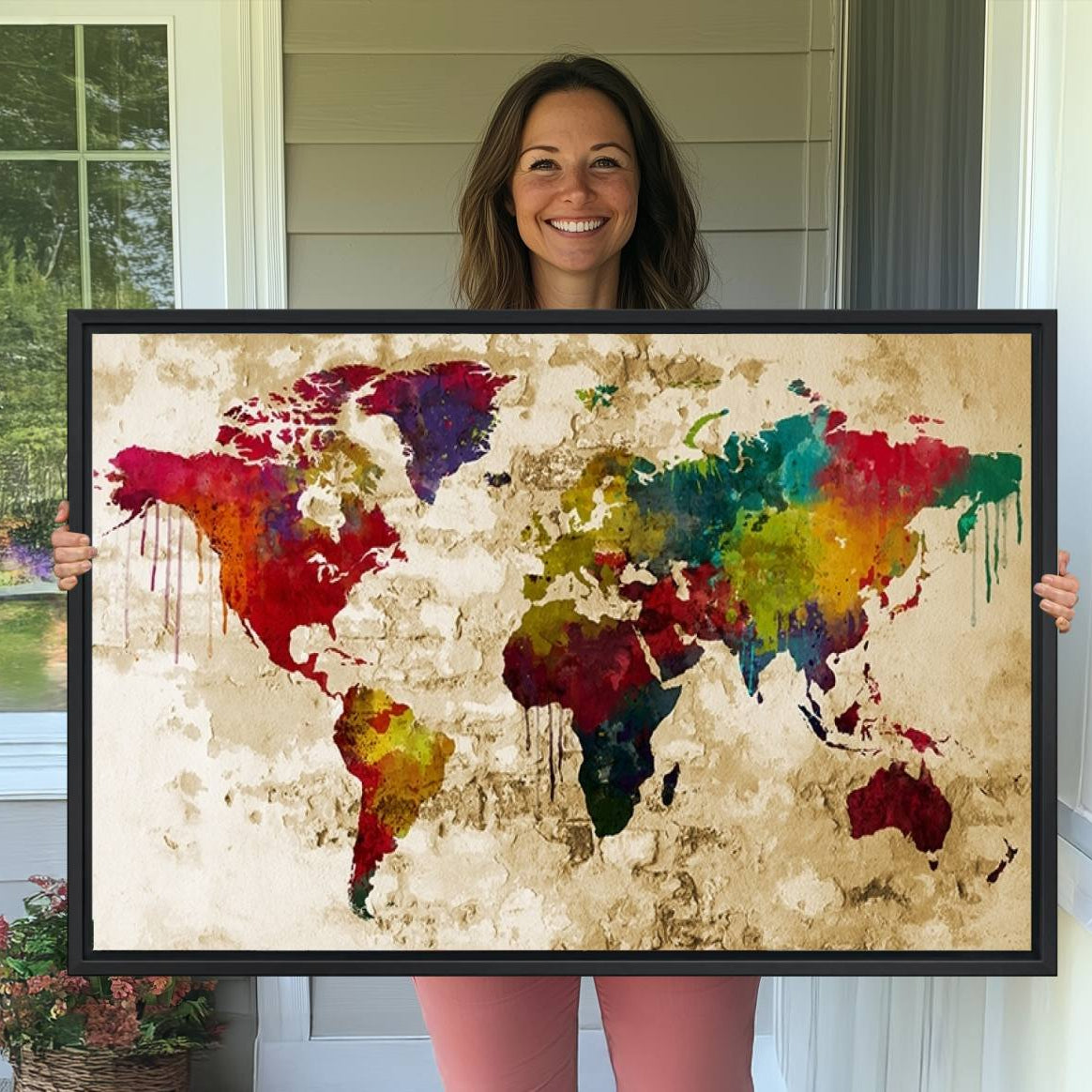 61906-MGV-CV-36X24-World Map Canvas Print – Framed Push Pin Wall Art, Color Splash Travel Map for Modern Home and Office Decor